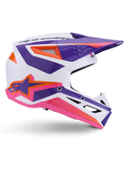 Alpinestars S-M3 Heat-hjälm ECE 22.06, motocrosshjälm, vit, lila och rosa glansig, med livfull lila och rosa grafik och orange detaljer, sidovy som visar Astar-logotypen och ventilerad design för terrängkörning