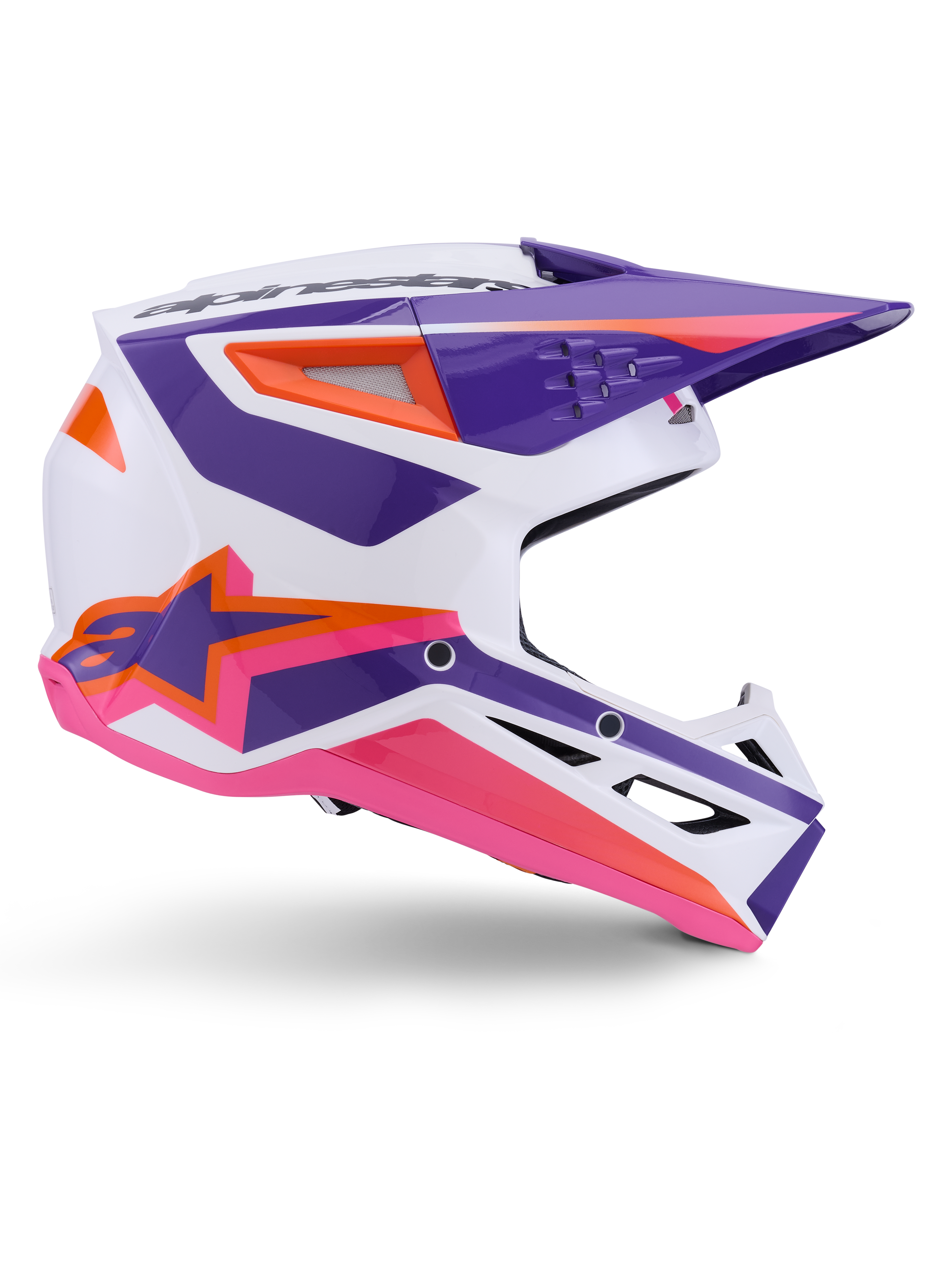 Alpinestars S-M3 Heat-hjälm ECE 22.06, motocrosshjälm, vit, lila och rosa glansig, med livfull lila och rosa grafik och orange detaljer, sidovy som visar Astar-logotypen och ventilerad design för terrängkörning