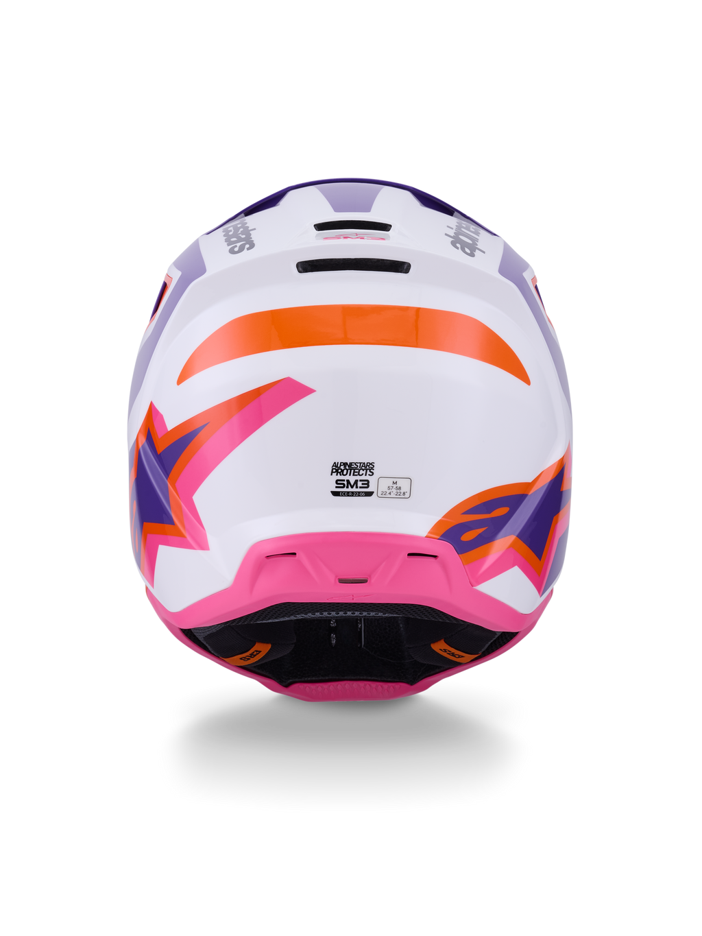 Alpinestars S-M3 Heat Helmet ECE 22.06, motocrosshjälm, vy bakifrån i vit, lila och rosa glansig finish med orange detaljer, med framträdande stjärngrafik, bakre ventilationsöppningar och termo-injicerad skaldesign för offroad-racing.