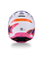 Alpinestars S-M3 Heat Helmet ECE 22.06, motocrosshjälm, vy bakifrån i vit, lila och rosa glansig finish med orange detaljer, med framträdande stjärngrafik, bakre ventilationsöppningar och termo-injicerad skaldesign för offroad-racing.
