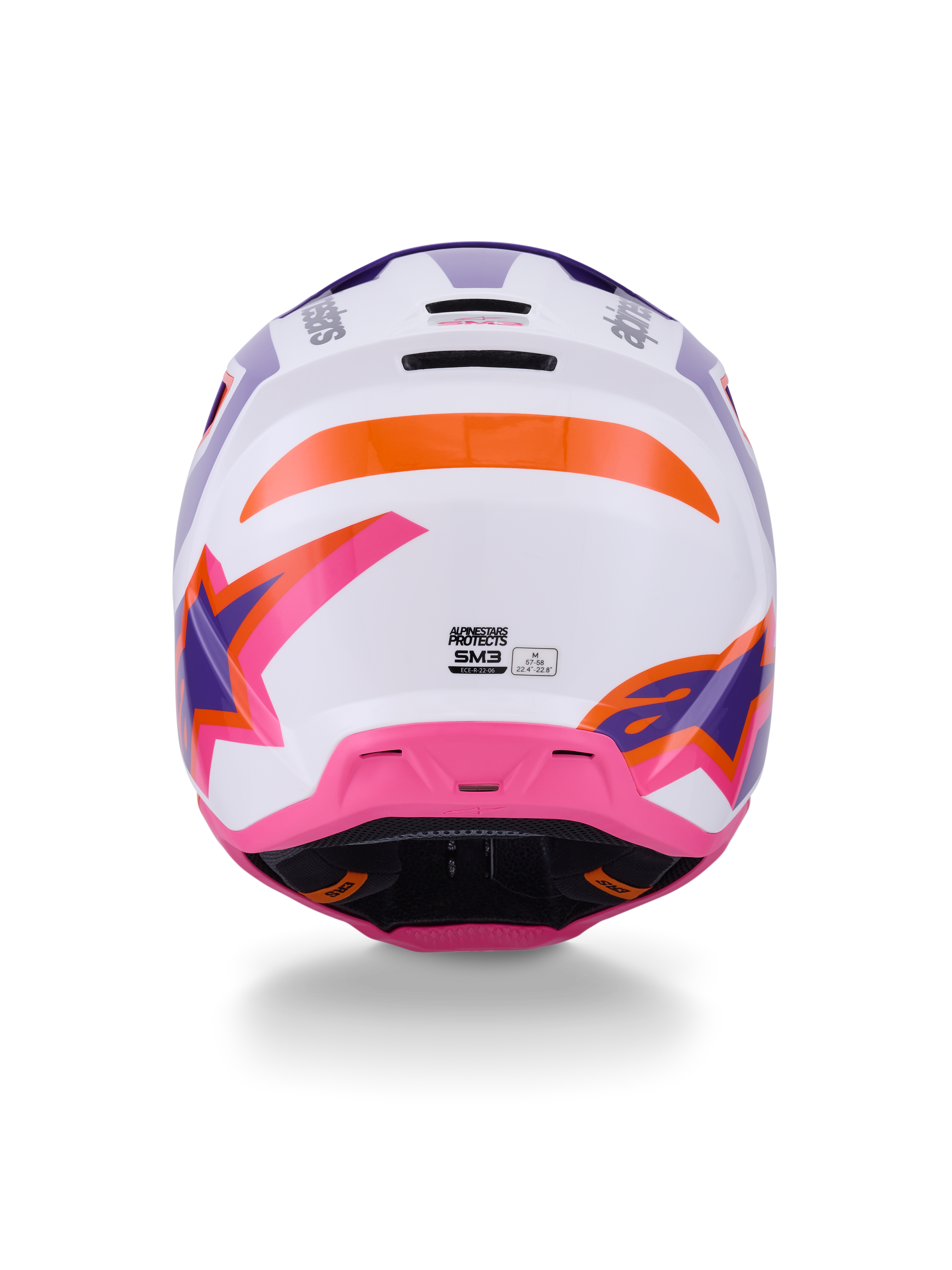 Alpinestars S-M3 Heat Helmet ECE 22.06, motocrosshjälm, vy bakifrån i vit, lila och rosa glansig finish med orange detaljer, med framträdande stjärngrafik, bakre ventilationsöppningar och termo-injicerad skaldesign för offroad-racing.