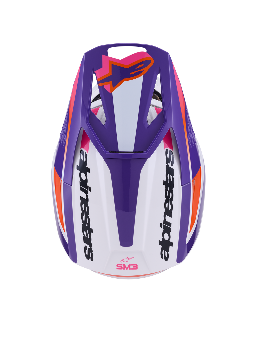 Alpinestars S-M3 Heat-hjälm ECE 22.06, motocrosshjälm, vit, lila och rosa med glansig finish, vy uppifrån som visar ventilerad skärm med orange Astars-logotyp och branding på sidorna, glansig finish med kraftfull grafik