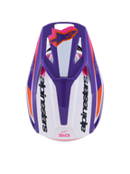 Alpinestars S-M3 Heat-hjälm ECE 22.06, motocrosshjälm, vit, lila och rosa med glansig finish, vy uppifrån som visar ventilerad skärm med orange Astars-logotyp och branding på sidorna, glansig finish med kraftfull grafik