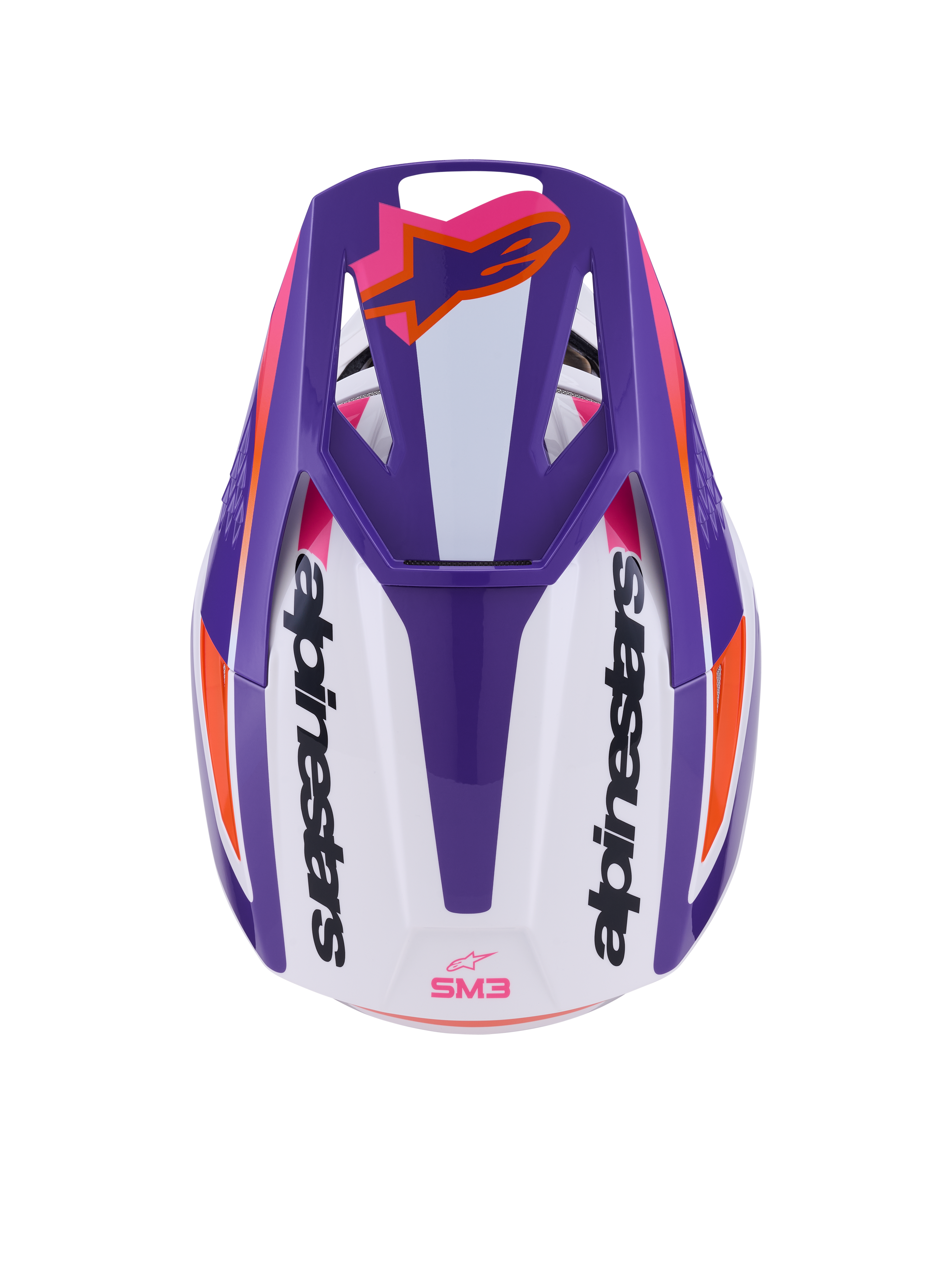 Alpinestars S-M3 Heat-hjälm ECE 22.06, motocrosshjälm, vit, lila och rosa med glansig finish, vy uppifrån som visar ventilerad skärm med orange Astars-logotyp och branding på sidorna, glansig finish med kraftfull grafik