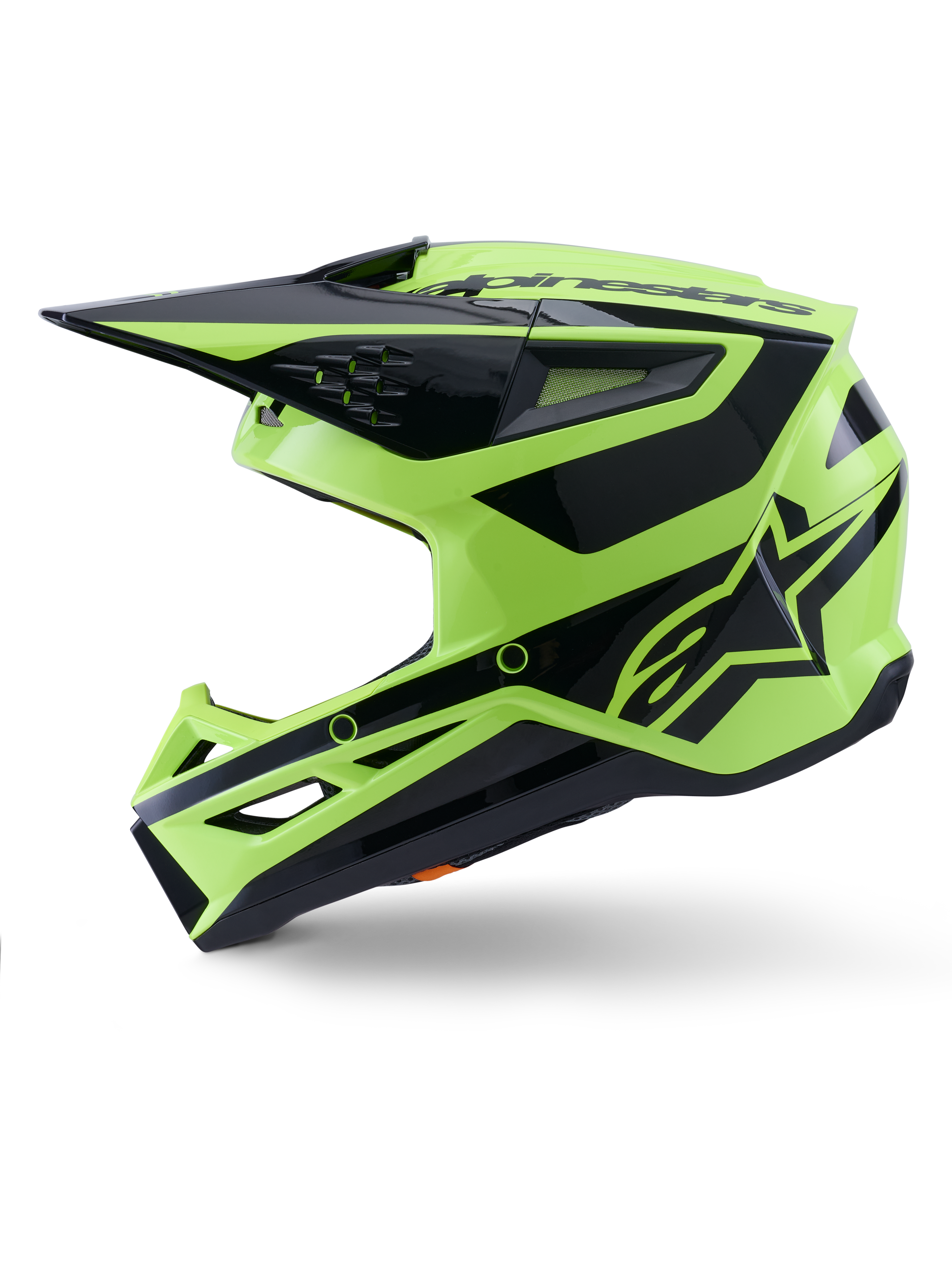 Alpinestars S-M3 Heat Helmet, Motocross Helmet, Yellow Fluo and Black Glossy, side profile view, featuring an angular thermo-injected shell, integrated visor, ventilation ports, and bold Alpinestars branding, designed for off-road performance