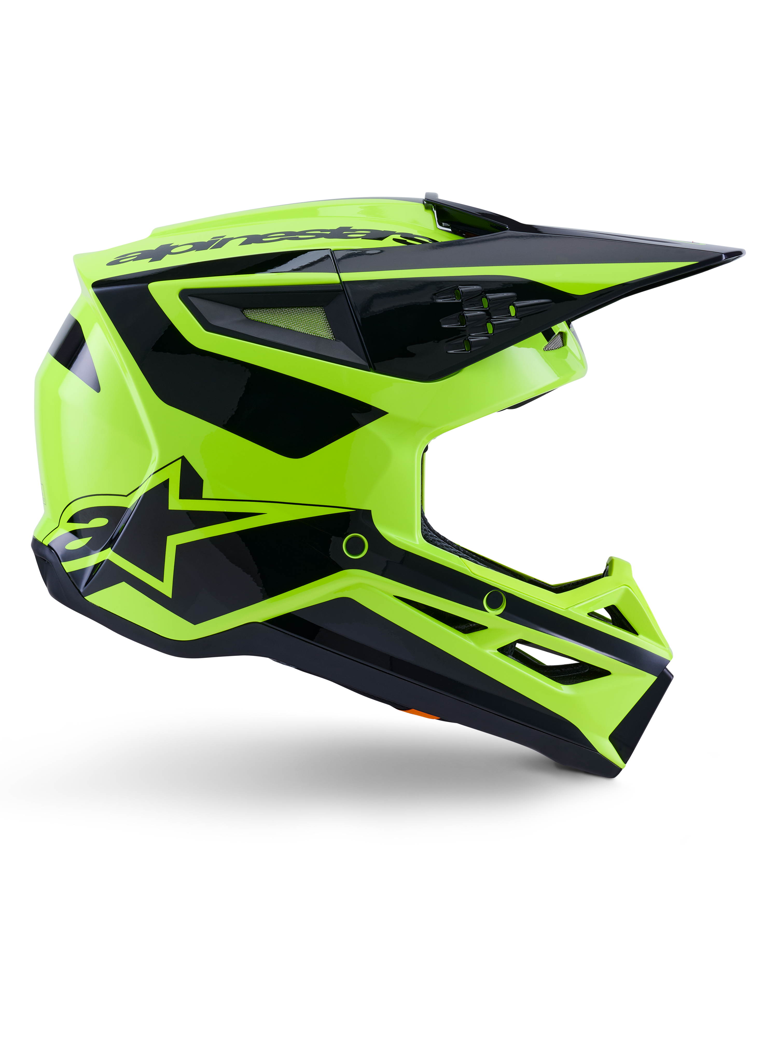 Alpinestars S-M3 Heat-hjälm, motocrosshjälm, neongul och blanksvart, ECE 22.06-certifierad, sidoprofil med kantig design och spetsig skärm, flera ventilationsöppningar och framträdande svart geometrisk grafik inklusive A-star-logotypen.
