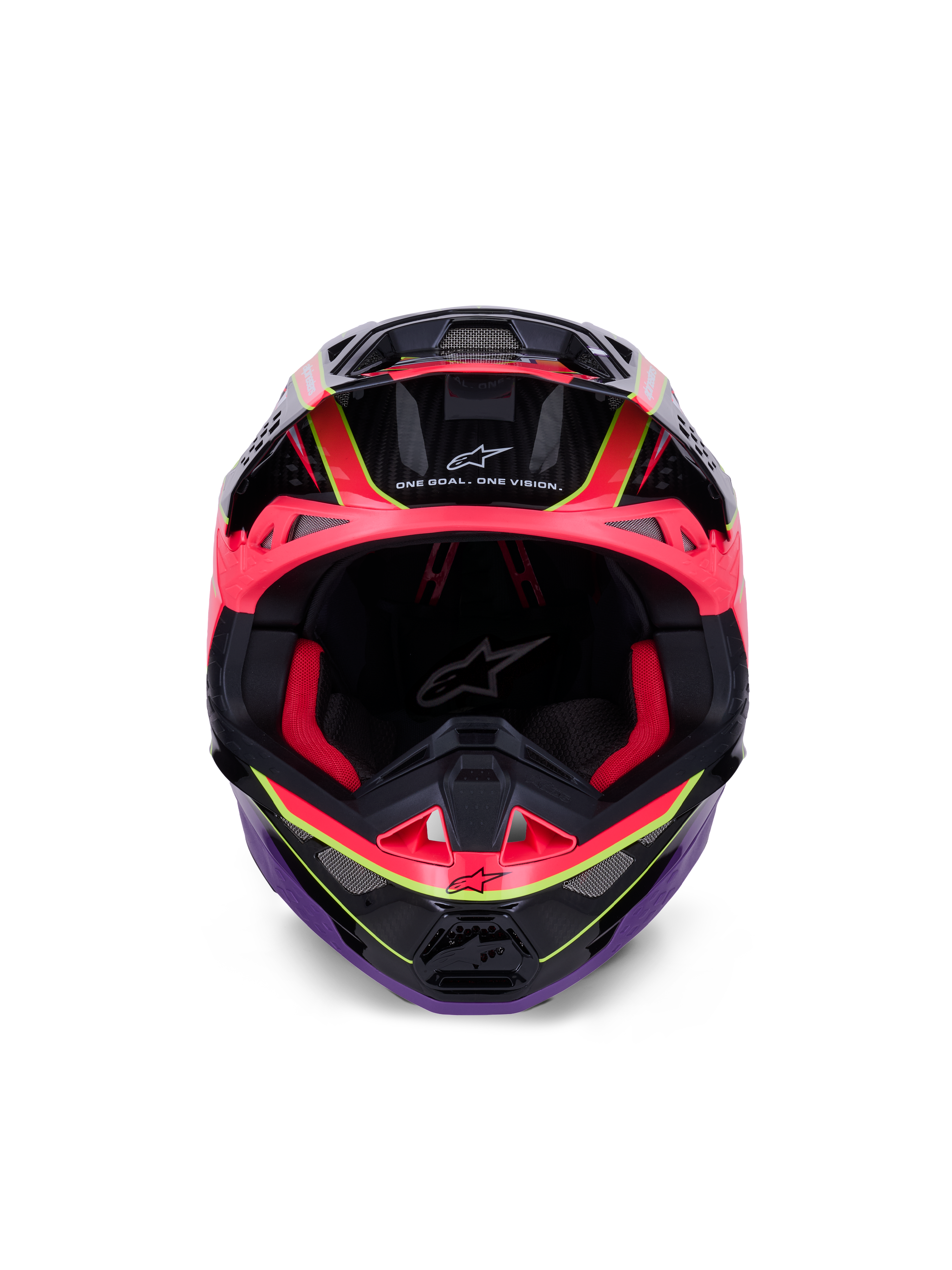 Alpinestars Supertech M10 Era Helmet, Motocross Helmet, Pink Violet and Yellow Fluo Glossy, front view showing red interior padding and carbon fiber shell details, featuring 'One Goal. One Vision.' text, professional off-road racing protection