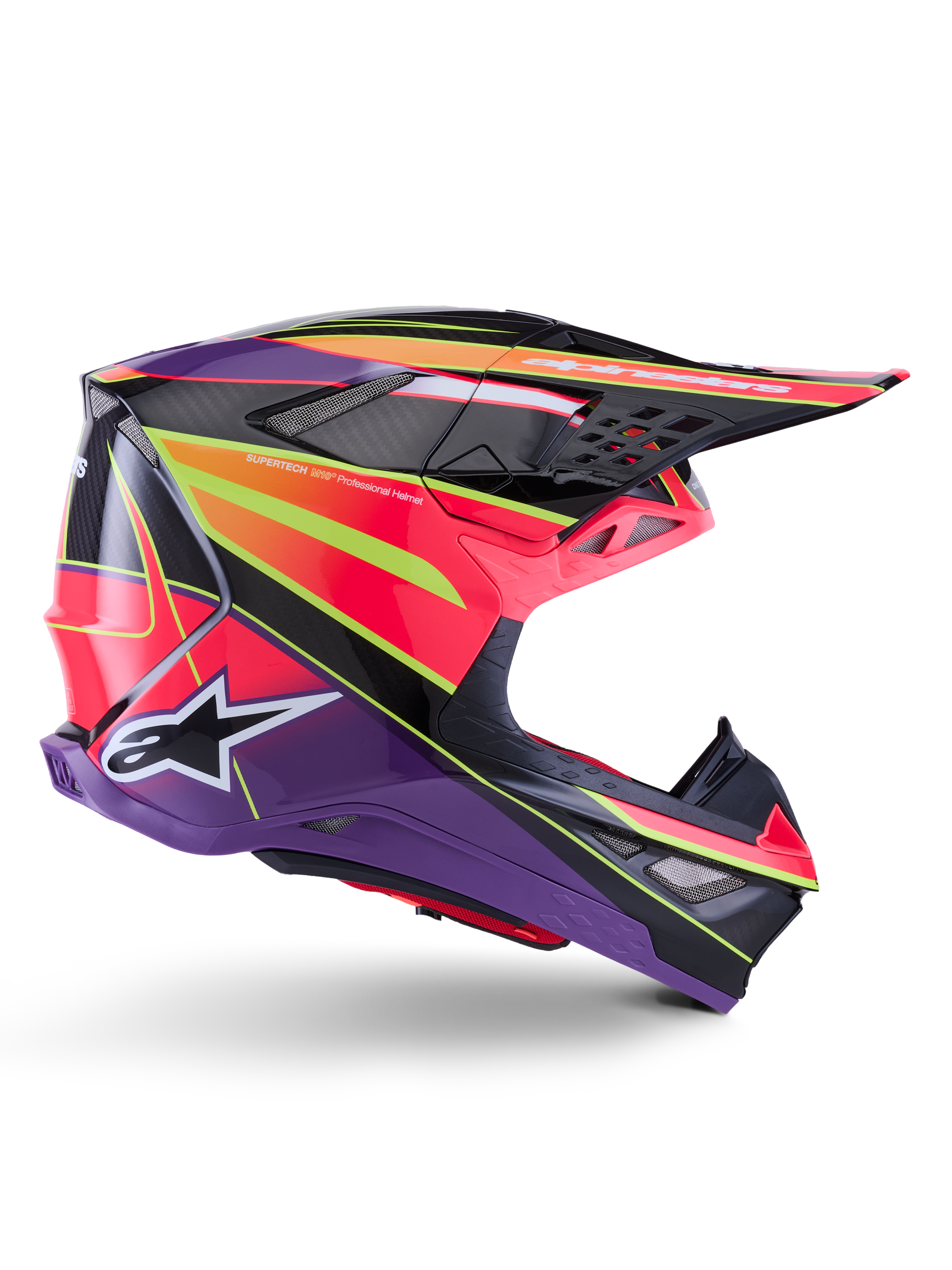 Alpinestars Supertech M10 Era-hjälm, motocrosshjälm, rosa, lila och neongul glansig finish, sidoprofilvy, med ett multikompositskal av kolfiber med livfulla geometriska mönster, integrerade ventilationsöppningar och vit Alpinestars-logotyp, designad för elitprestanda vid terrängkörning