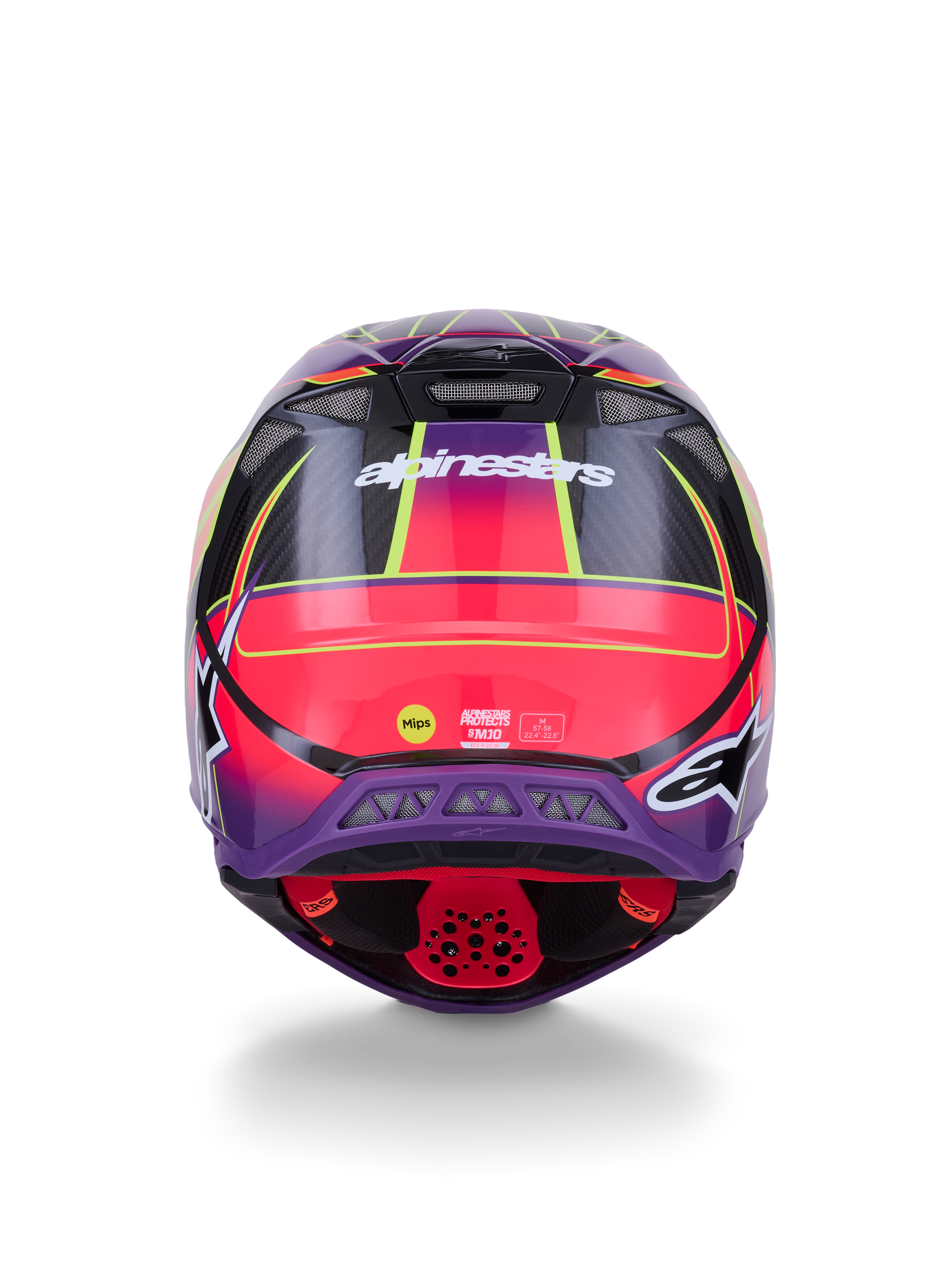Alpinestars Supertech M10 Era Helmet ECE 22.06, Rear View, Pink Violet and Yellow Fluo Glossy, motocross helmet with carbon fiber construction and MIPS protection technology