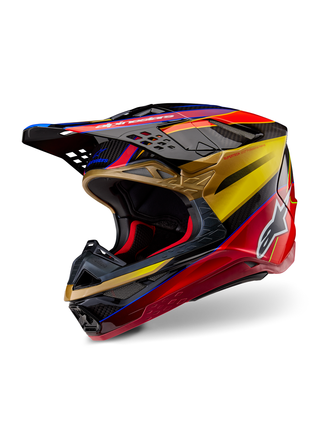 Alpinestars Supertech M10 Era hjälm, motocrosshjälm, Gold Yellow Rio Red Glossy, strömlinjeformat aerodynamiskt kolfiberskal med livfull grafik i rött och guld, flera luftintag och utsläppsöppningar, vit Alpinestars-logotyp och blank finish