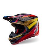 Alpinestars Supertech M10 Era hjälm, motocrosshjälm, Gold Yellow Rio Red Glossy, strömlinjeformat aerodynamiskt kolfiberskal med livfull grafik i rött och guld, flera luftintag och utsläppsöppningar, vit Alpinestars-logotyp och blank finish