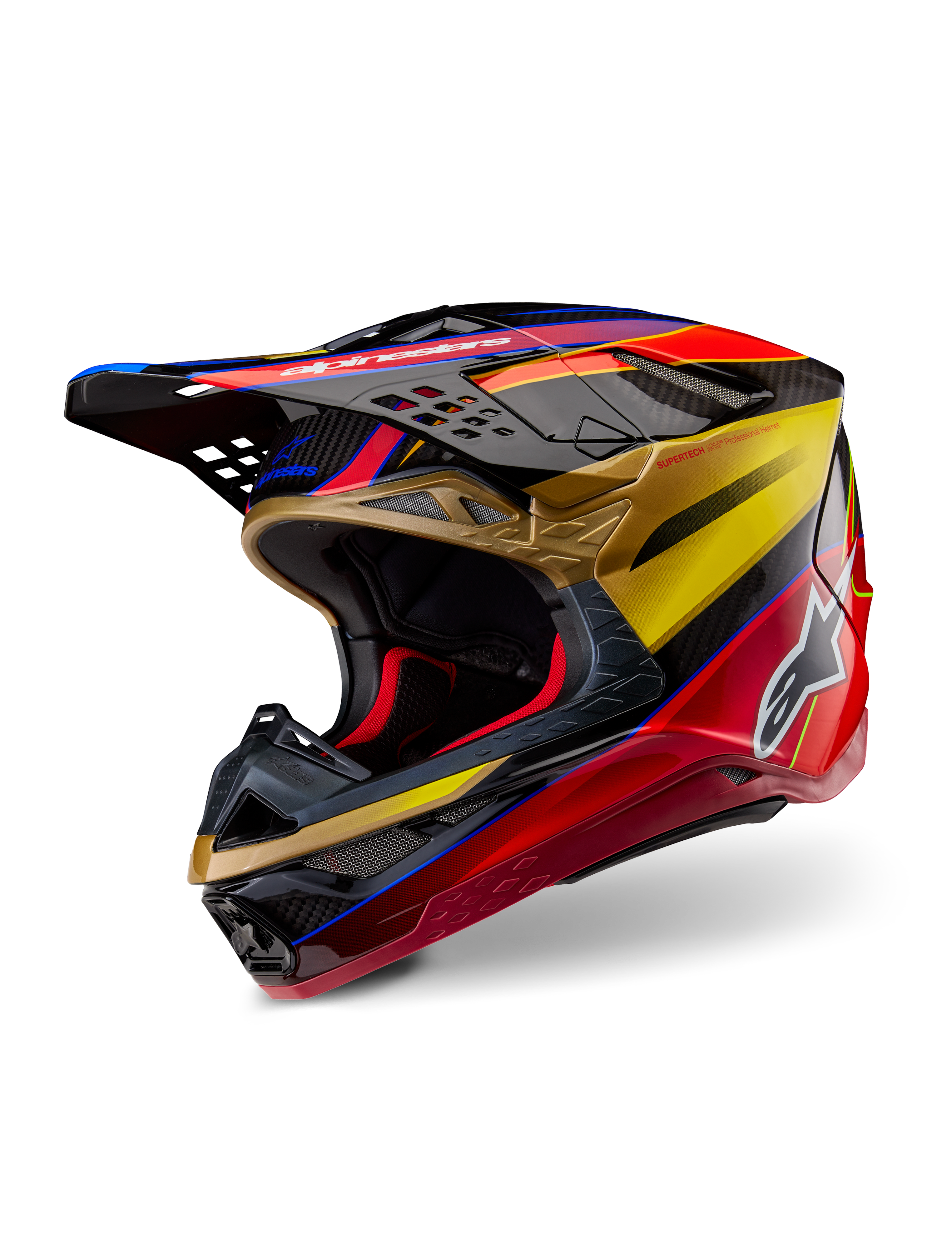 Alpinestars Supertech M10 Era hjälm, motocrosshjälm, Gold Yellow Rio Red Glossy, strömlinjeformat aerodynamiskt kolfiberskal med livfull grafik i rött och guld, flera luftintag och utsläppsöppningar, vit Alpinestars-logotyp och blank finish