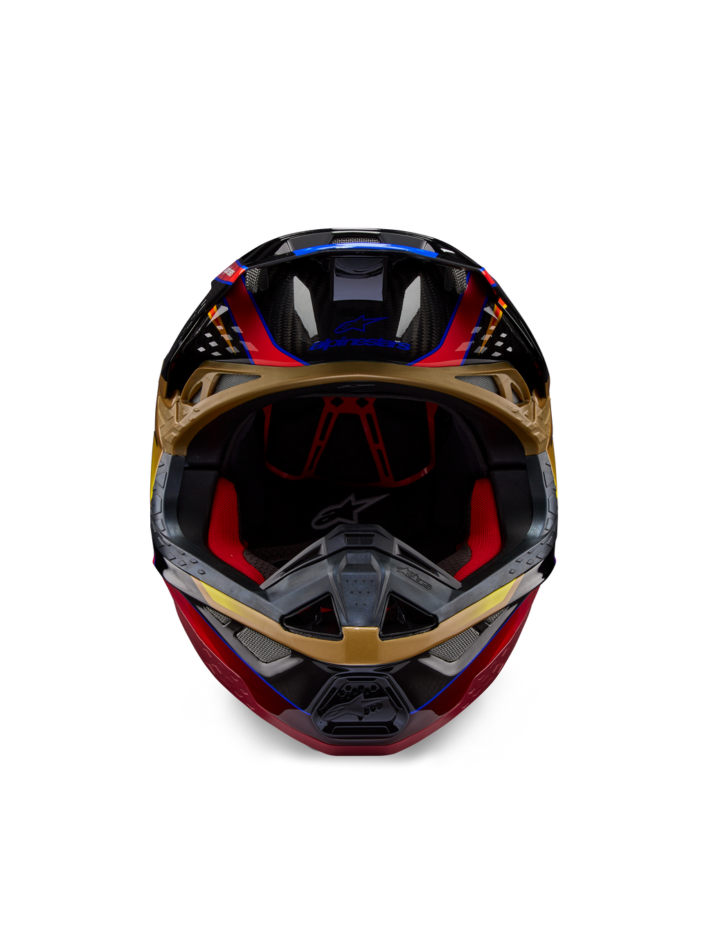Alpinestars Supertech M10 Era-hjälm, motocrosshjälm, Gold Yellow och Rio Red Glossy, framifrån som visar kolfiberskalets detaljer och röd invändig vaddering, aerodynamisk design för off-road-racing