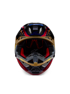 Alpinestars Supertech M10 Era-hjälm, motocrosshjälm, Gold Yellow och Rio Red Glossy, framifrån som visar kolfiberskalets detaljer och röd invändig vaddering, aerodynamisk design för off-road-racing