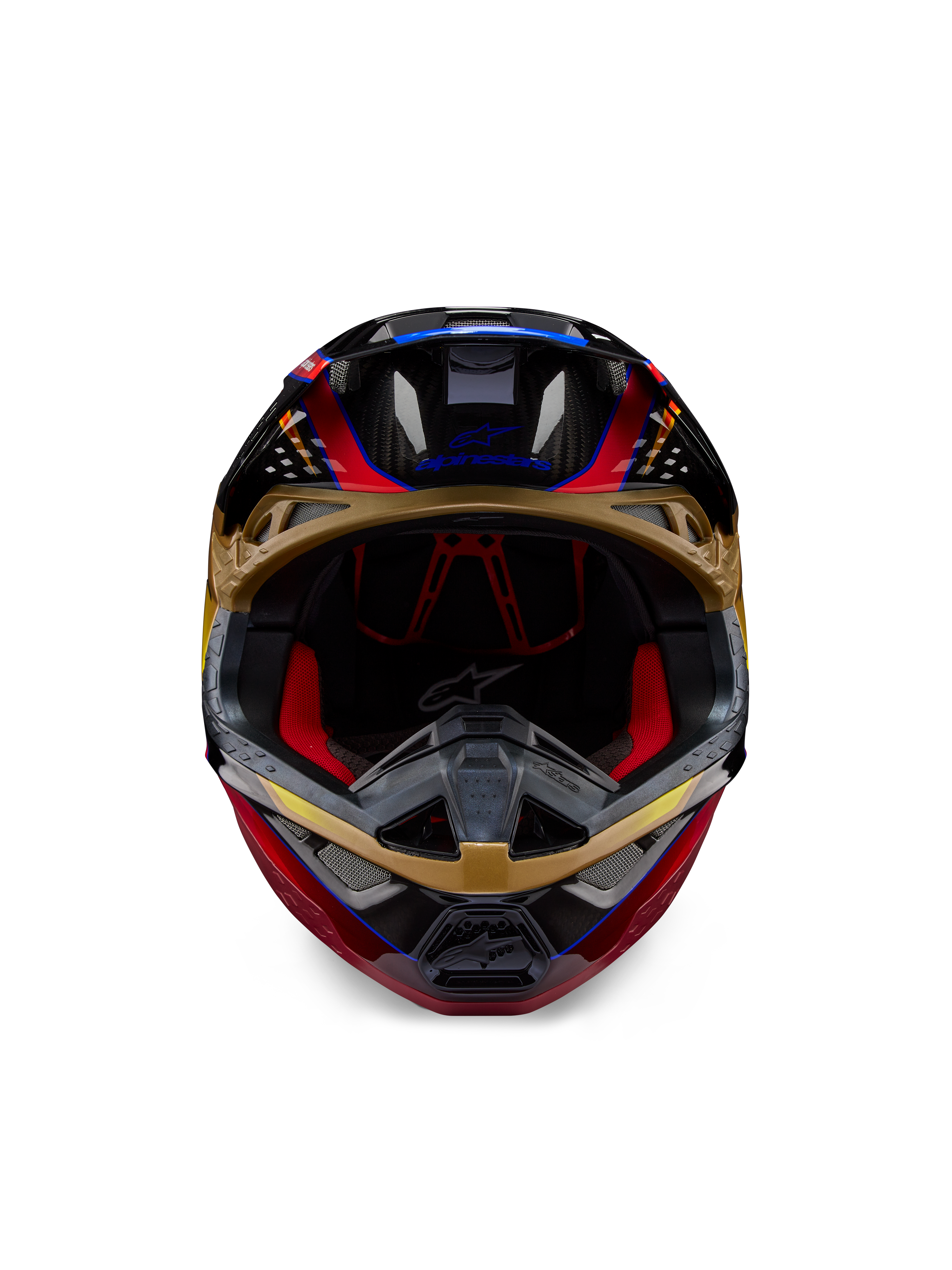 Alpinestars Supertech M10 Era-hjälm, motocrosshjälm, Gold Yellow och Rio Red Glossy, framifrån som visar kolfiberskalets detaljer och röd invändig vaddering, aerodynamisk design för off-road-racing