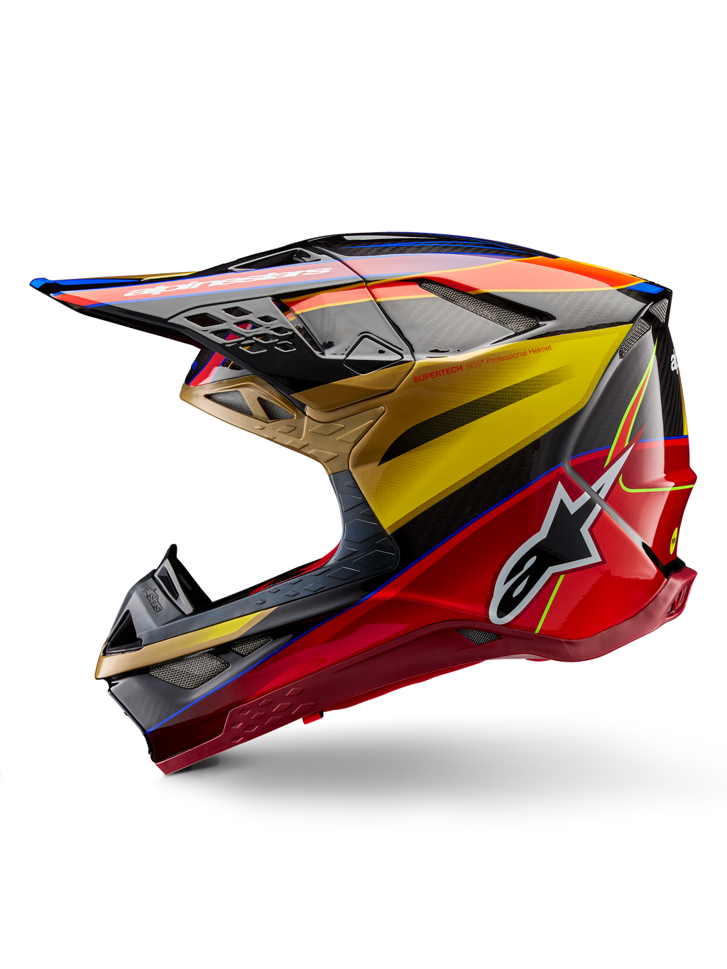 Alpinestars Supertech M10 Era hjälm, motocrosshjälm, guld, gul och Rio Red glansig finish, sidoprofil med kolfiberstruktur och djärv grafik, Alpinestars stjärnlogotyp, aerodynamisk form med flera ventilationsöppningar, professionellt skydd för terrängkörning