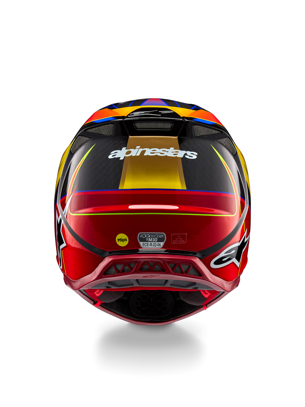 Alpinestars Supertech M10 Era-hjälm, motocrosshjälm, guldgul och Rio-röd blank finish, vy bakifrån med vit Alpinestars-logotyp, MIPS-logotyp och aerodynamiska ventilationsportar, multikomposit-kolfiberkonstruktion med blå detaljer