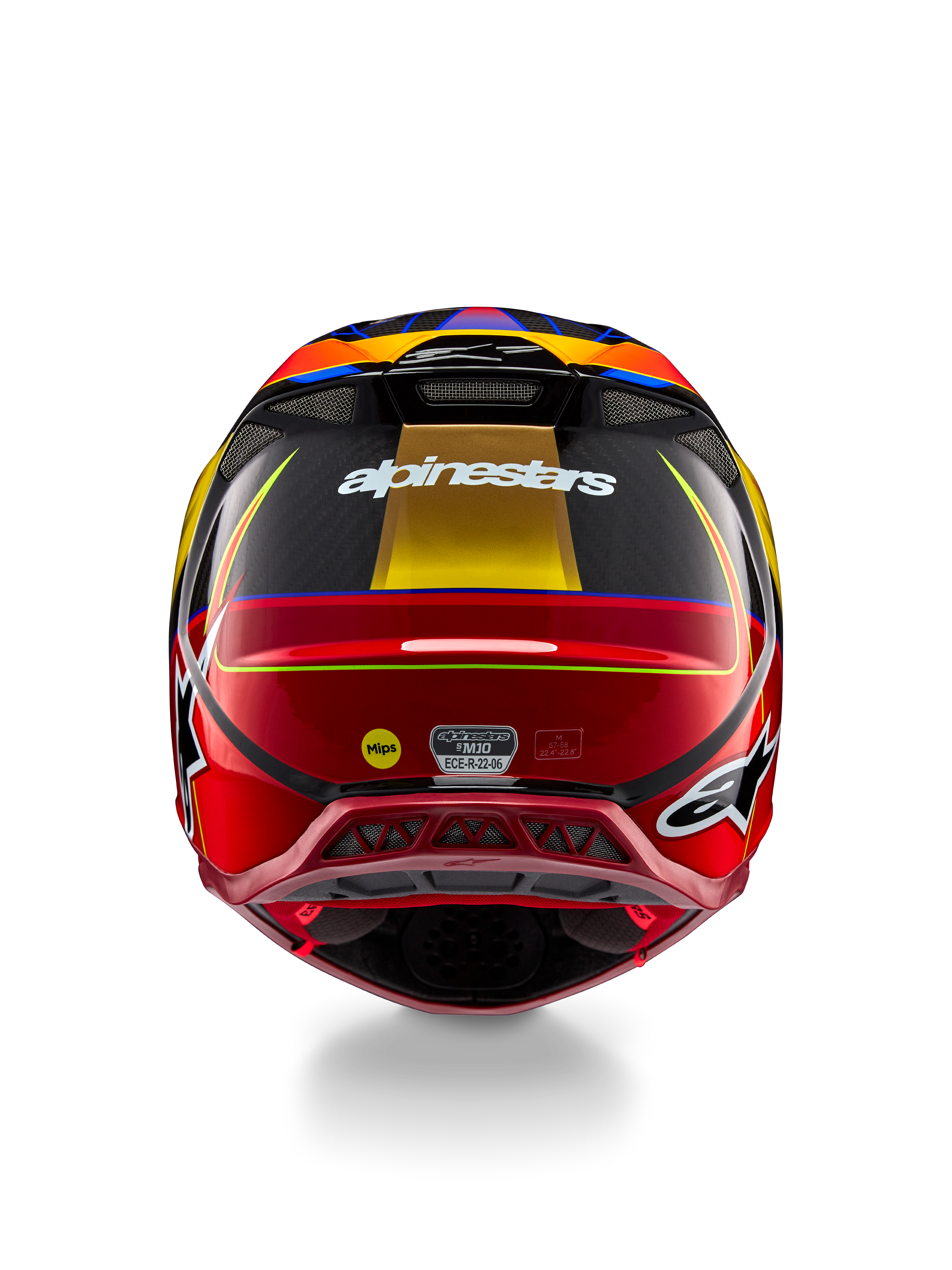 Alpinestars Supertech M10 Era-hjälm, motocrosshjälm, guldgul och Rio-röd blank finish, vy bakifrån med vit Alpinestars-logotyp, MIPS-logotyp och aerodynamiska ventilationsportar, multikomposit-kolfiberkonstruktion med blå detaljer