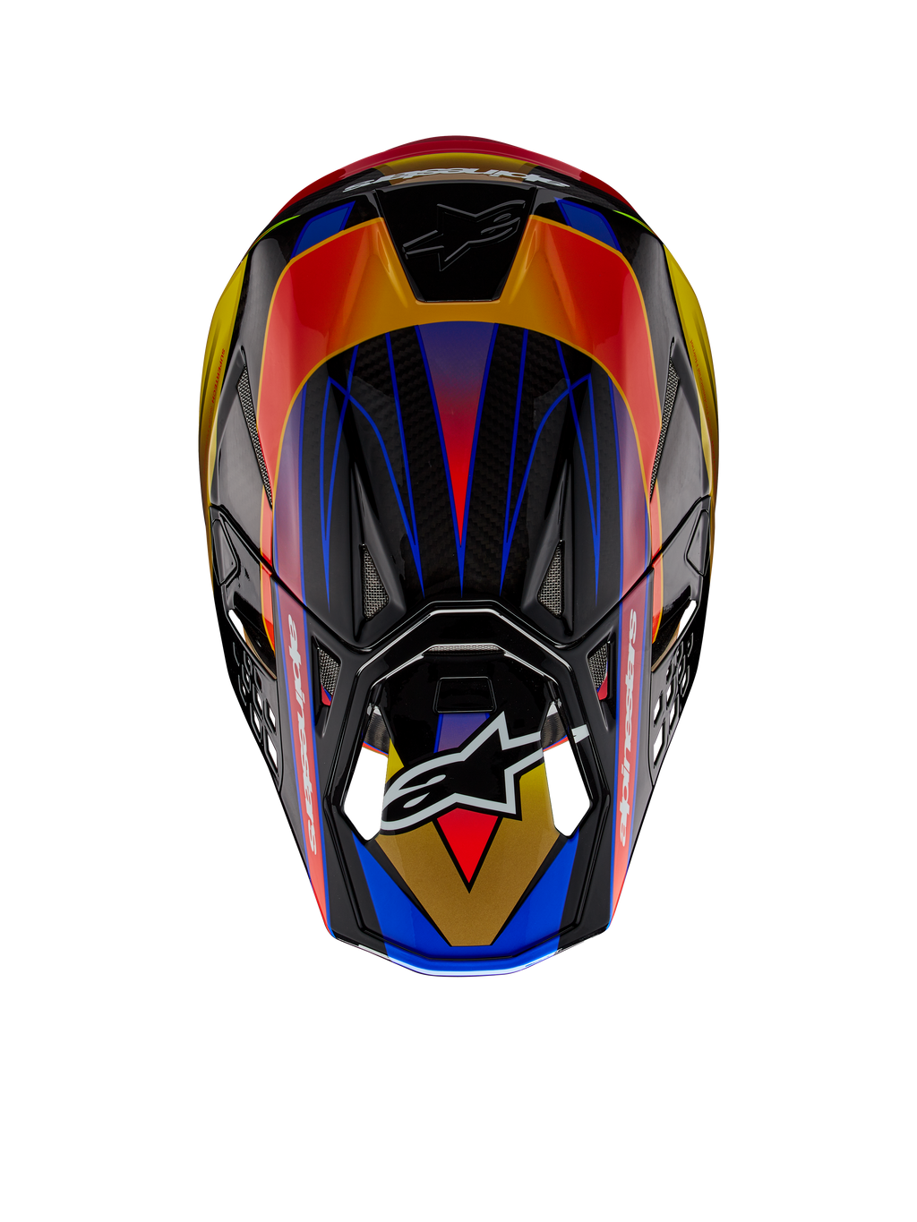 Alpinestars Supertech M10 Era ECE-hjälm, motocrosshjälm, Gold Yellow Rio Red Glossy, vy uppifrån som visar livfulla geometriska mönster i blått och gult, glansig finish med synlig kolfibertextur, Alpinestars-logotyp på visiret