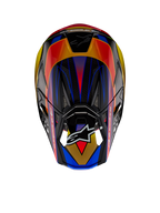 Alpinestars Supertech M10 Era ECE-hjälm, motocrosshjälm, Gold Yellow Rio Red Glossy, vy uppifrån som visar livfulla geometriska mönster i blått och gult, glansig finish med synlig kolfibertextur, Alpinestars-logotyp på visiret