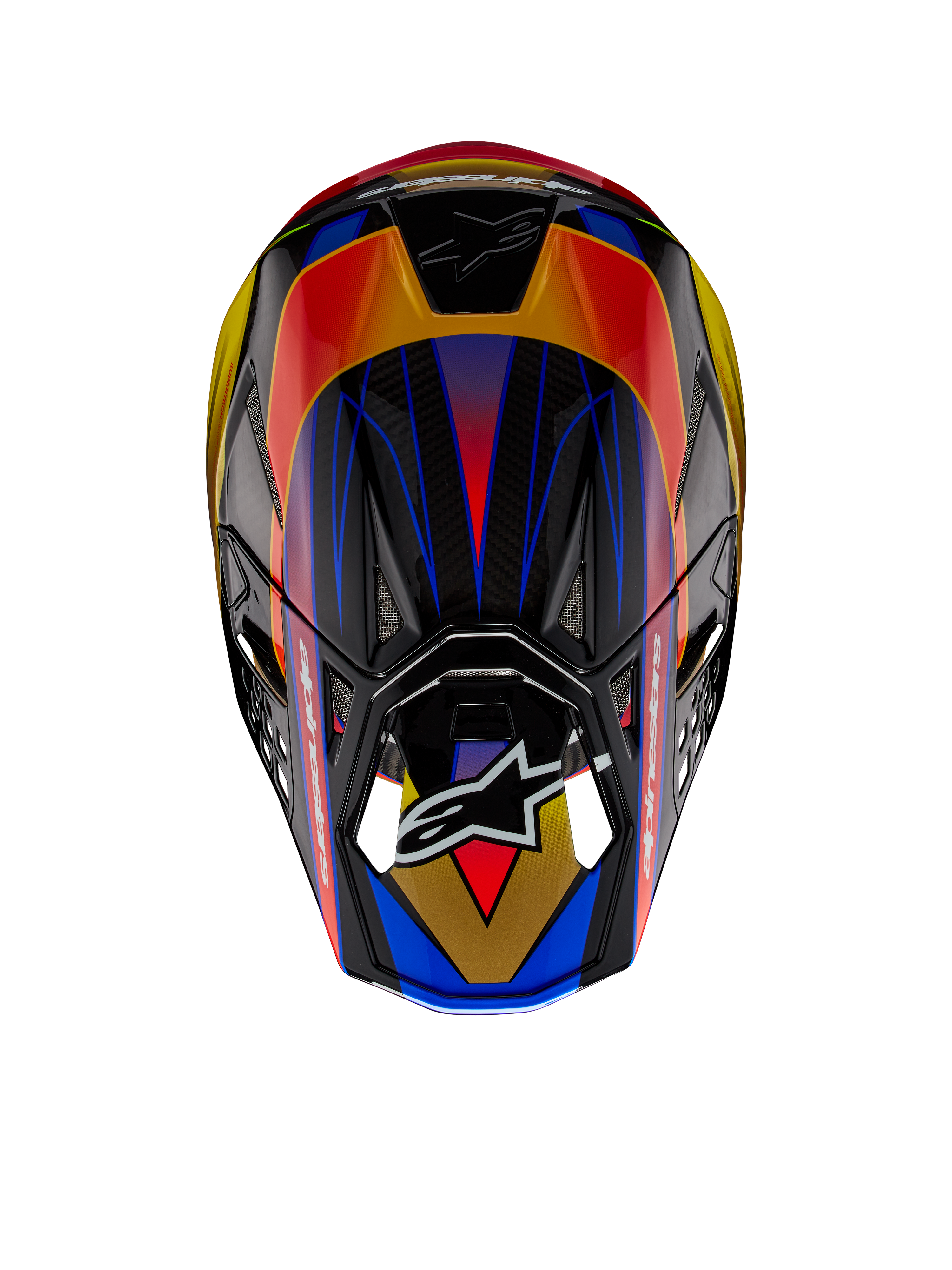 Alpinestars Supertech M10 Era ECE-hjälm, motocrosshjälm, Gold Yellow Rio Red Glossy, vy uppifrån som visar livfulla geometriska mönster i blått och gult, glansig finish med synlig kolfibertextur, Alpinestars-logotyp på visiret