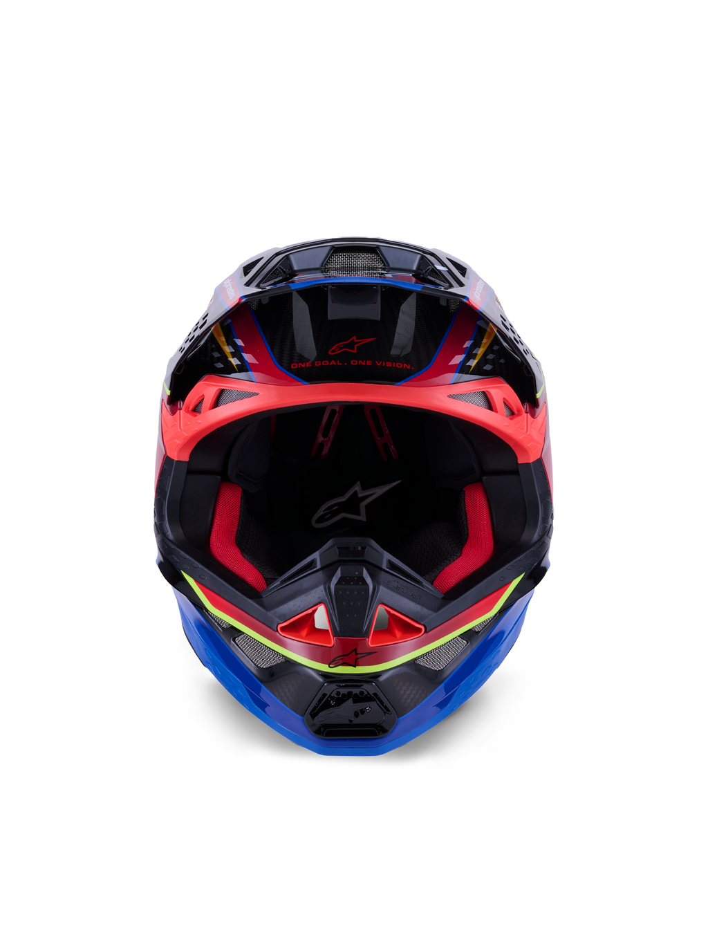 Alpinestars Supertech M10 Era Helmet, Motocross Helmet, Blue Red and Yellow Fluo Glossy, front view showing red interior padding and aggressive ventilation ports, glossy 3K carbon shell with aerodynamic design for off-road racing