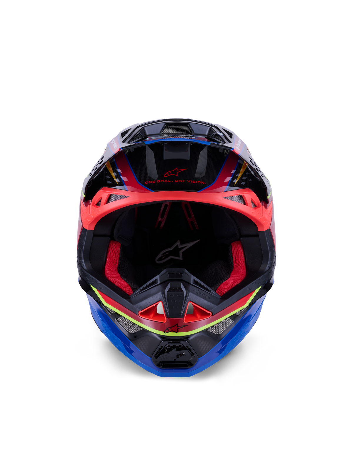 Alpinestars Supertech M10 Era-hjälm, motocrosshjälm, blå, röd och gul fluo blank yta, framifrån sedd med röd invändig vaddering och aggressiva ventilationsportar, blankt 3K-kolfiberskal med aerodynamisk design för terrängkörning
