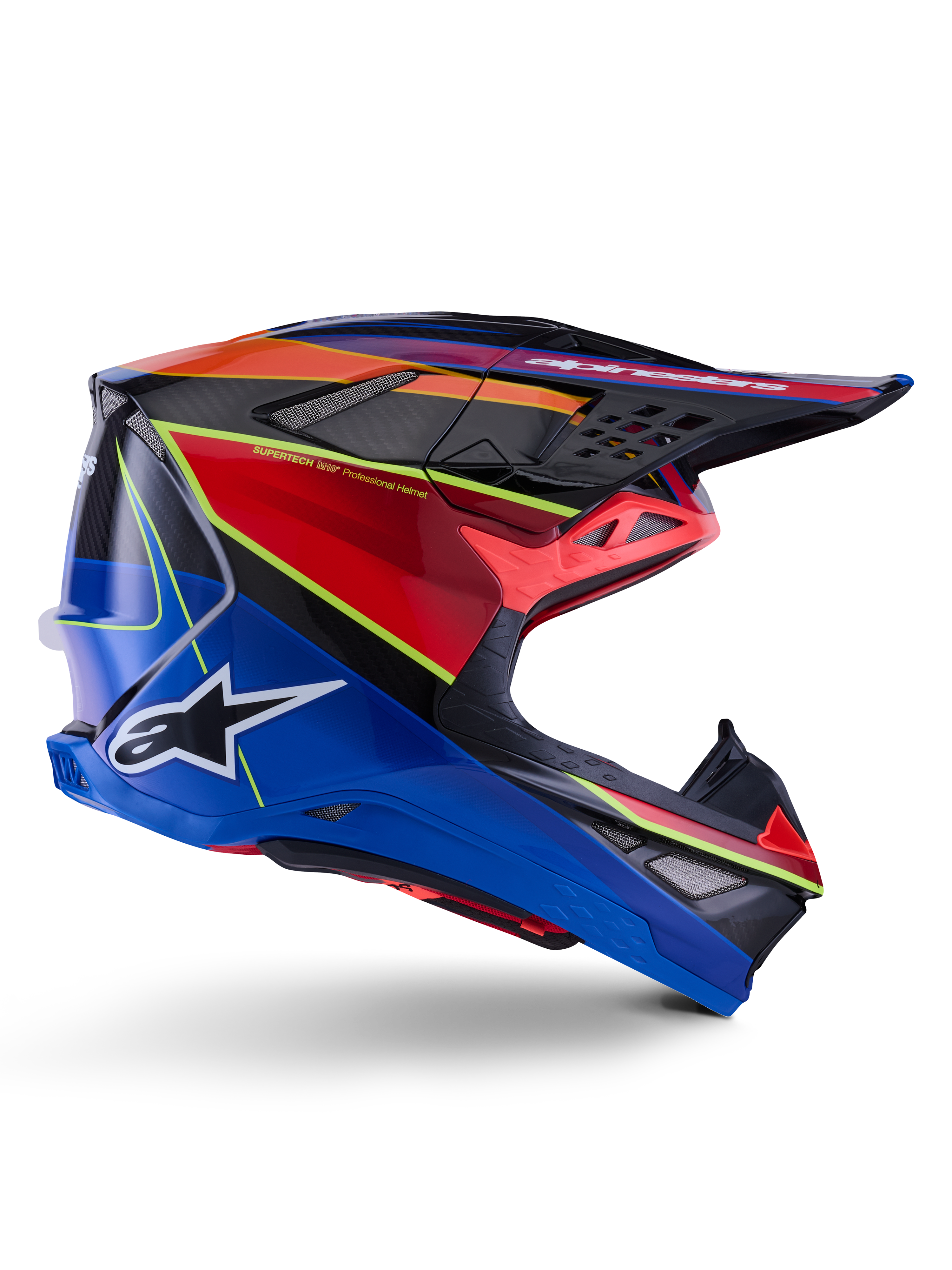 Alpinestars Supertech M10 Era hjälm, motocrosshjälm, blå röd och gul fluo blank, sidoprofilvy som visar multikomposit kolfiberskal, vit Alpinestars-logotyp, aerodynamisk design med flera ventiler för terrängkörning