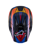 Alpinestars Supertech M10 Era Helmet, Top view, Blue Red and Yellow Fluo Glossy finish, featuring a carbon fiber shell, multiple intake vents with mesh, Alpinestars logo on the visor, advanced motocross protective gear
