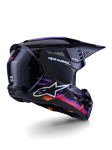 Alpinestars S-M3 Force OCD Helmet, Motocross Helmet, Glossy Black with vibrant purple, pink, and orange wave graphics, featuring white Alpinestars branding and A-star logo, rear three-quarter view, high-performance off-road racing gear