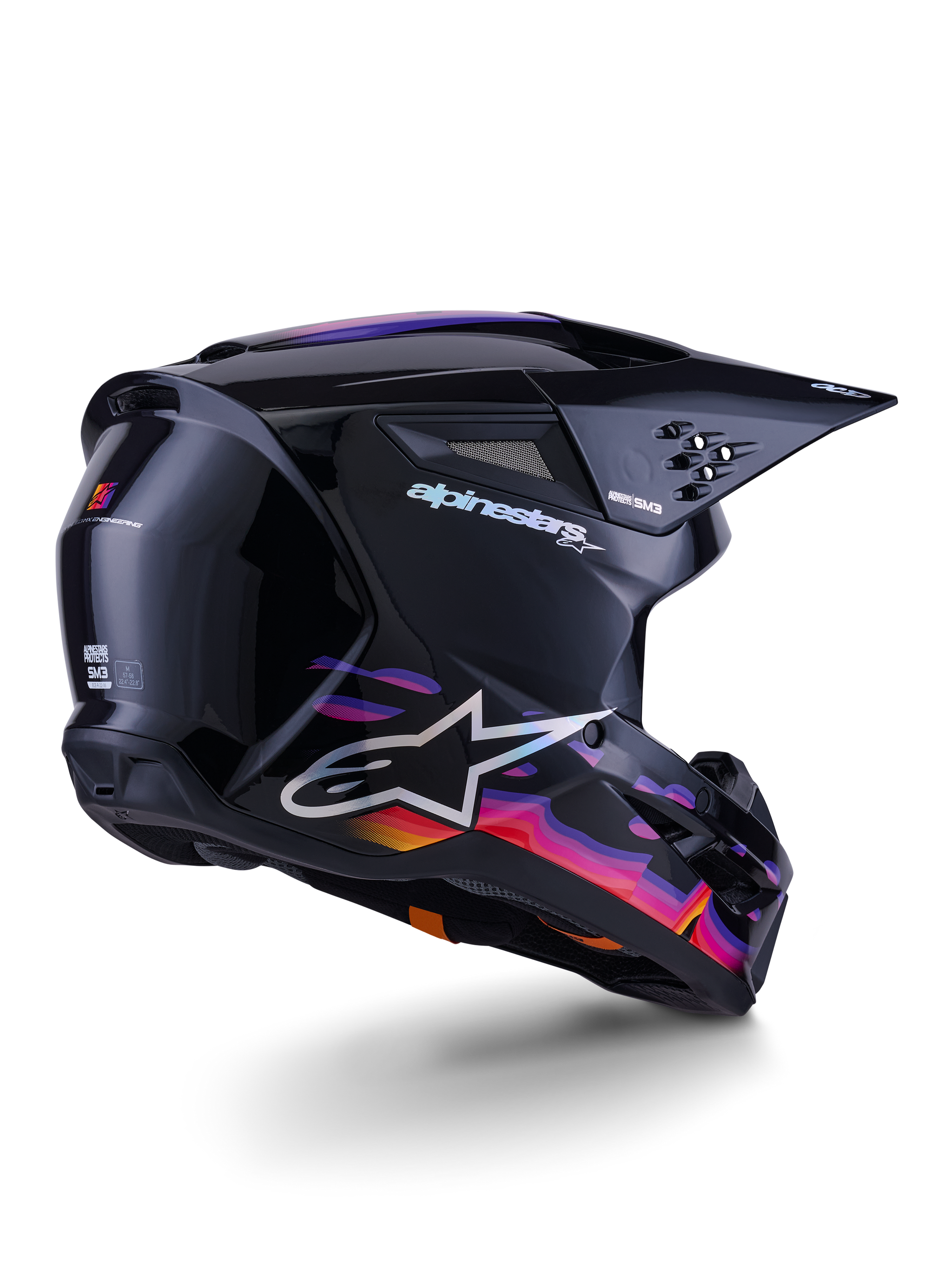 Alpinestars S-M3 Force OCD Helmet, Motocross Helmet, Glossy Black with vibrant purple, pink, and orange wave graphics, featuring white Alpinestars branding and A-star logo, rear three-quarter view, high-performance off-road racing gear