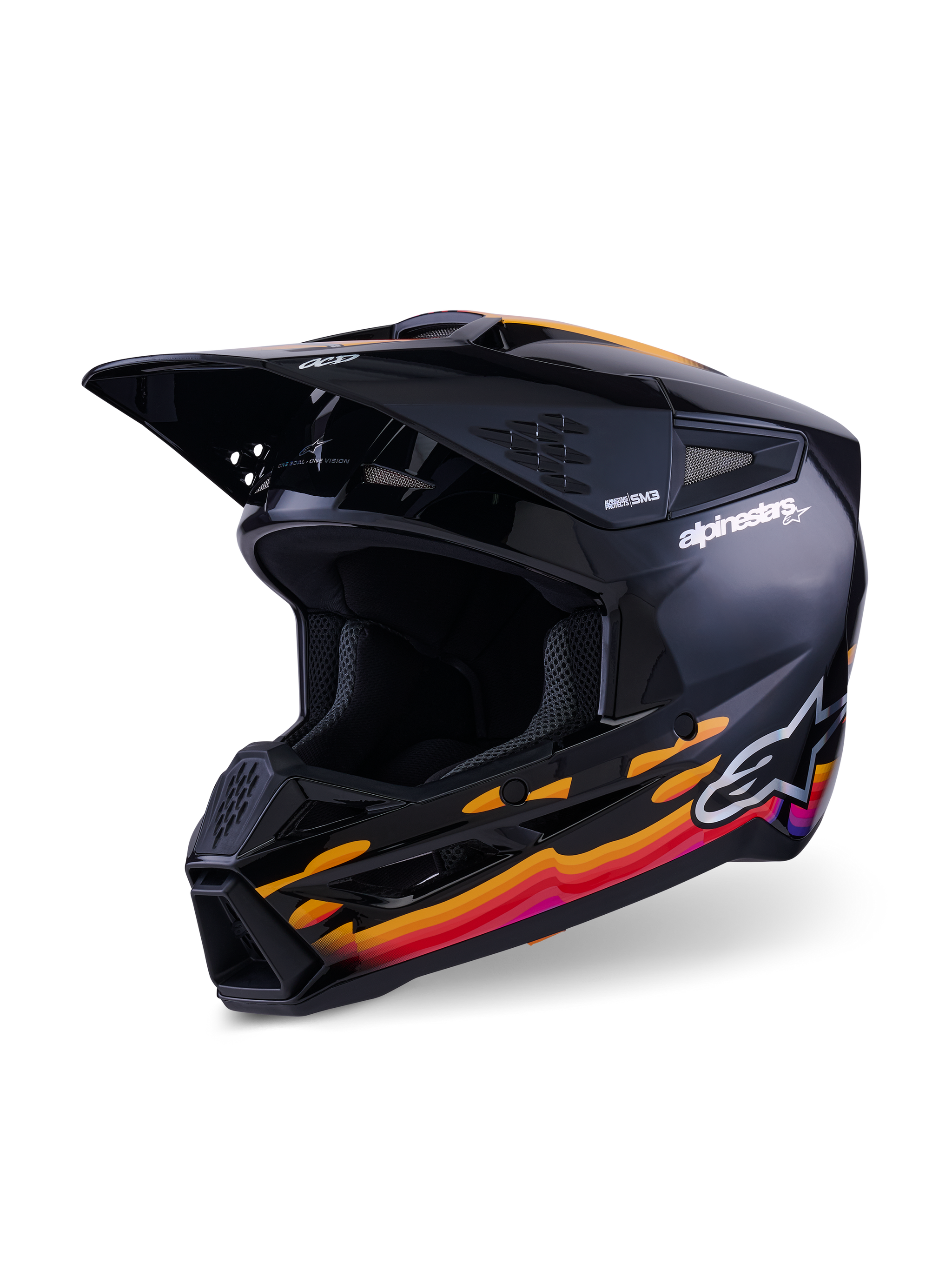 Alpinestars S-M3 Force OCD Helmet, Motocross Helmet, Black Glossy with vibrant orange, red, and purple graphics, featuring Alpinestars branding on the side and OCD logo on the visor, aerodynamic design with ventilation ports and a prominent chin guard.