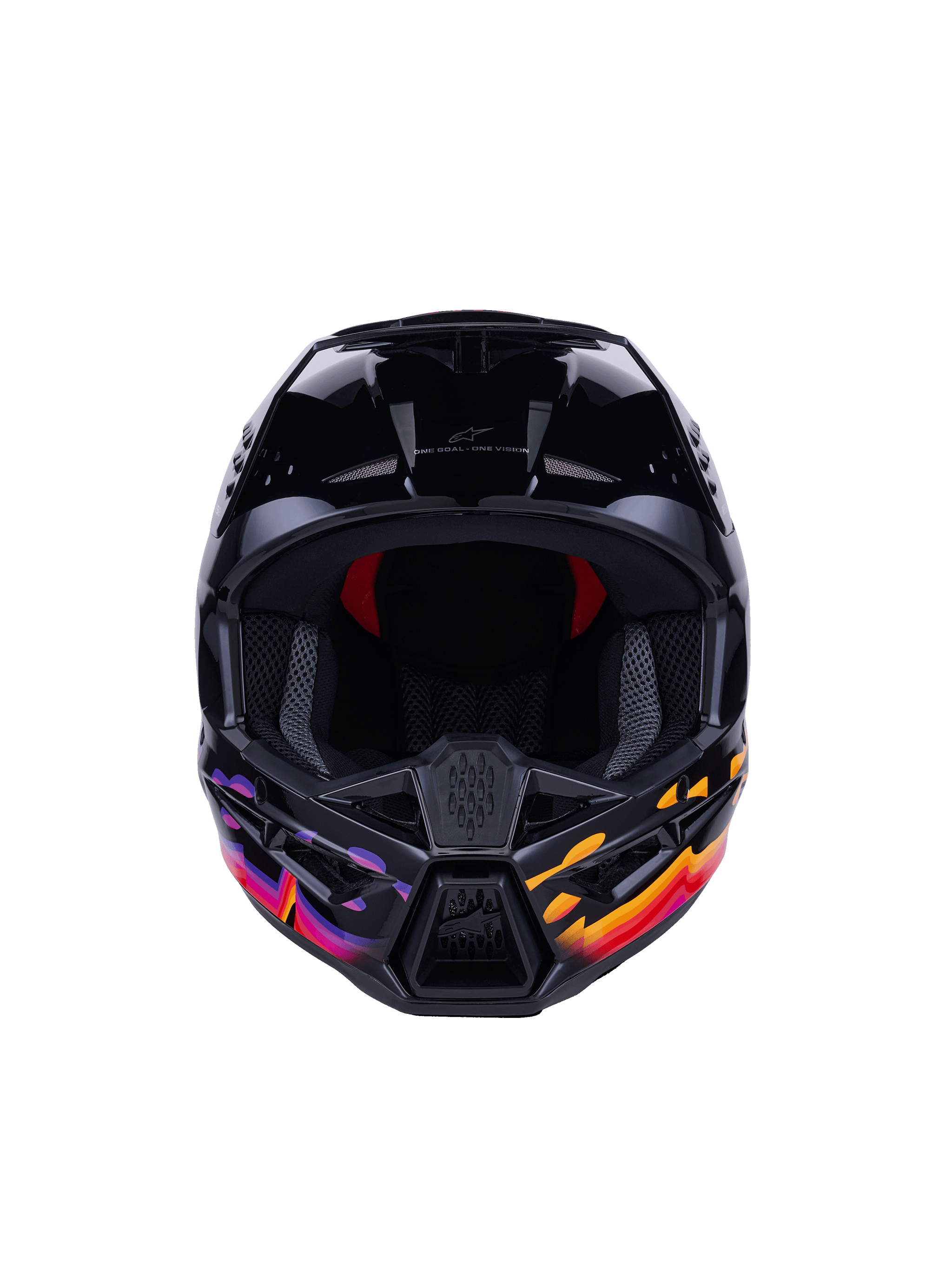 Alpinestars S-M3 Force OCD Helmet, Motocross Helmet, Glossy Black with vibrant purple, orange, and red graphics, front view showing wide eye port and ventilated chin guard, featuring 'One Goal - One Vision' branding, professional off-road racing gear