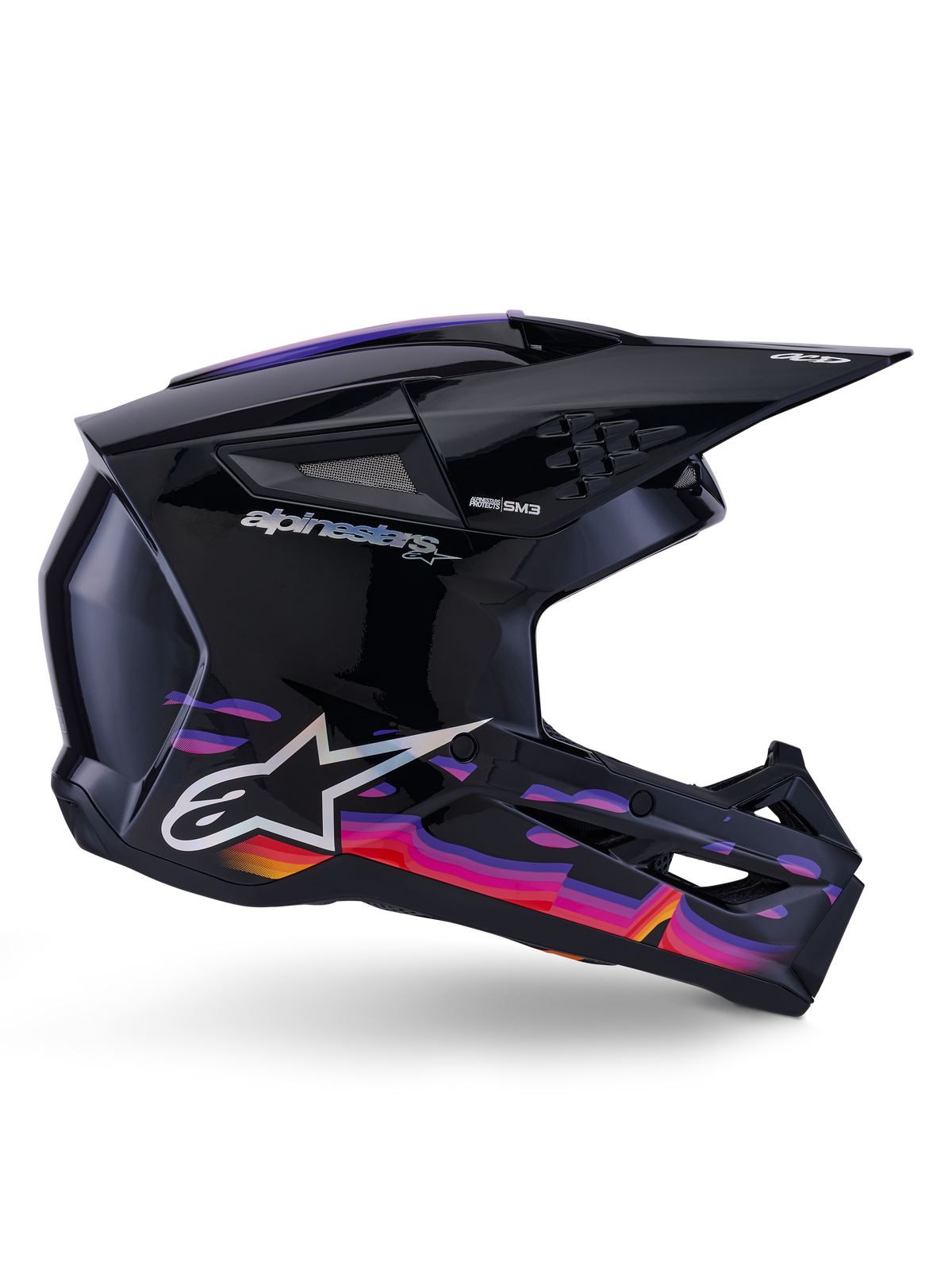 Alpinestars S-M3 Force OCD Helmet, Motocross Helmet, Black Glossy with vibrant purple, pink, and orange graphic patterns, side profile view, featuring silver Alpinestars logo and SM3 branding, designed for off-road performance