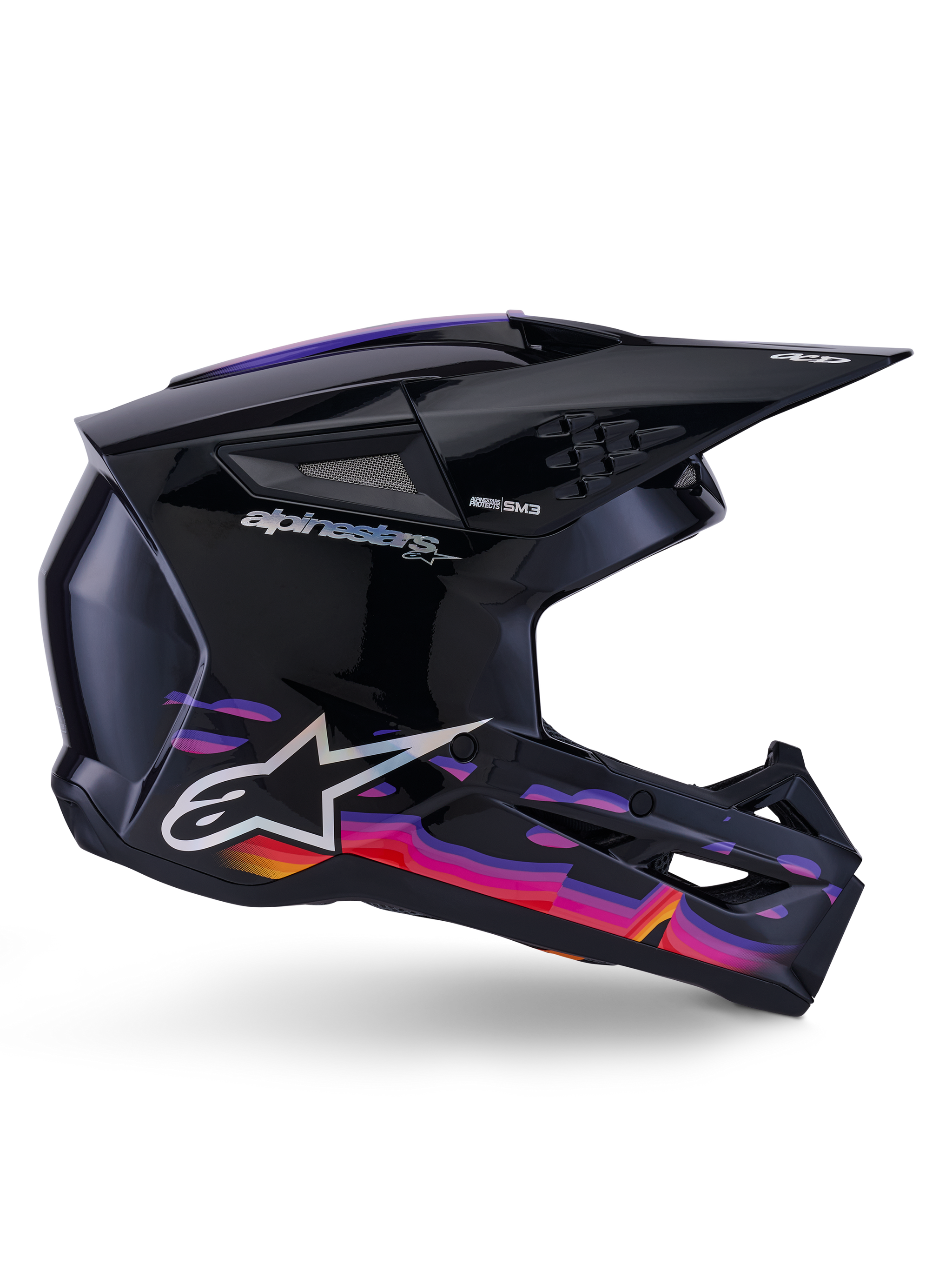 Alpinestars S-M3 Force OCD Helmet, Motocross Helmet, Black Glossy with vibrant purple, pink, and orange graphic patterns, side profile view, featuring silver Alpinestars logo and SM3 branding, designed for off-road performance