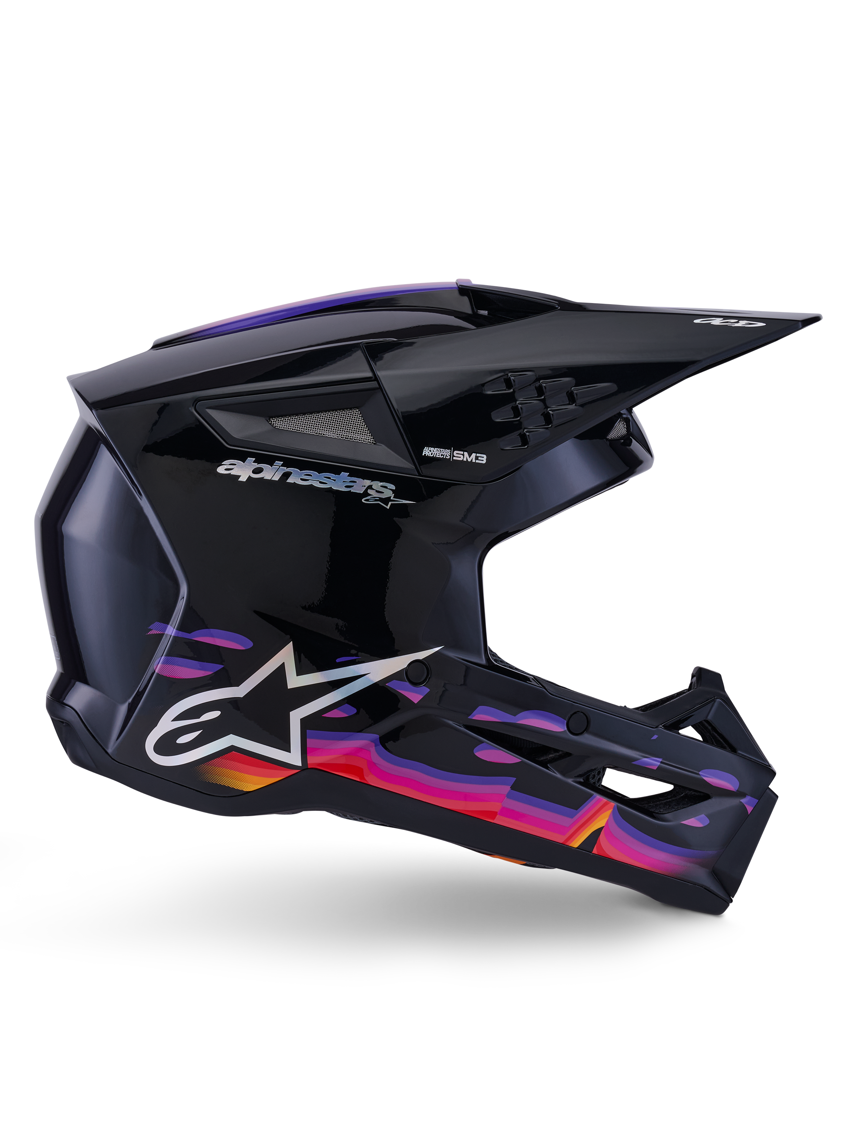 Alpinestars S-M3 Force OCD-hjälm, motocrosshjälm, blanksvart med livfulla lila, rosa och orange grafiska mönster, sidoprofilvy, med silverfärgad Alpinestars-logotyp och SM3-märkning, designad för offroad-prestanda
