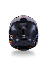 Alpinestars S-M3 Force OCD Helmet, Black Glossy Motocross Helmet, Rear View, featuring vibrant orange pink and purple graphics, ECE 22.06 certification mark, aerodynamic thermo-injected shell design