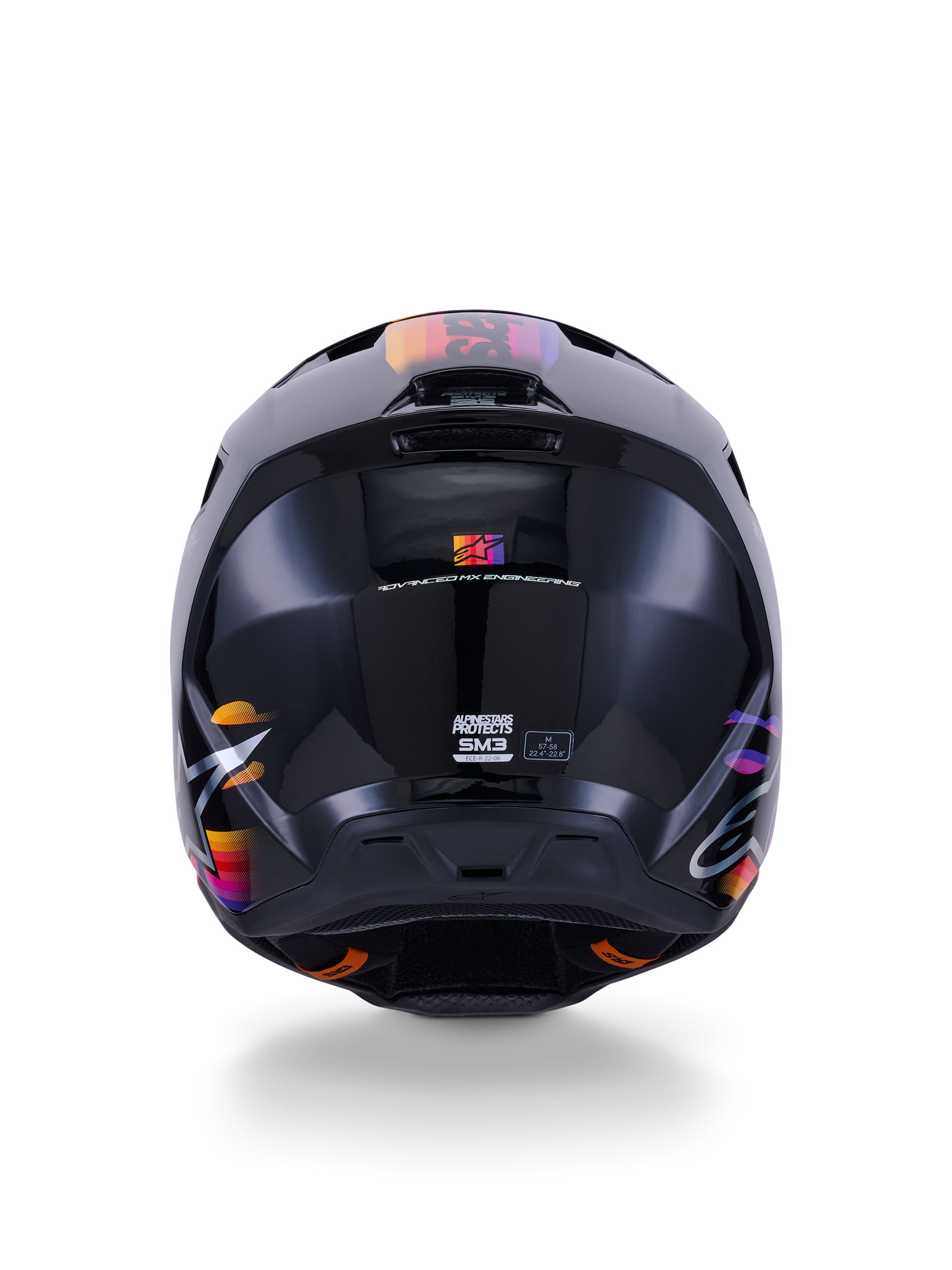 Alpinestars S-M3 Force OCD Helmet, Black Glossy Motocross Helmet, Rear View, featuring vibrant orange pink and purple graphics, ECE 22.06 certification mark, aerodynamic thermo-injected shell design