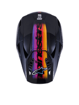 Alpinestars S-M3 Force OCD Helmet, Motocross Helmet, Top-down view, Glossy Black with a vibrant purple, pink, red, orange, and yellow gradient stripe, featuring bold Alpinestars branding and logo, designed for off-road performance