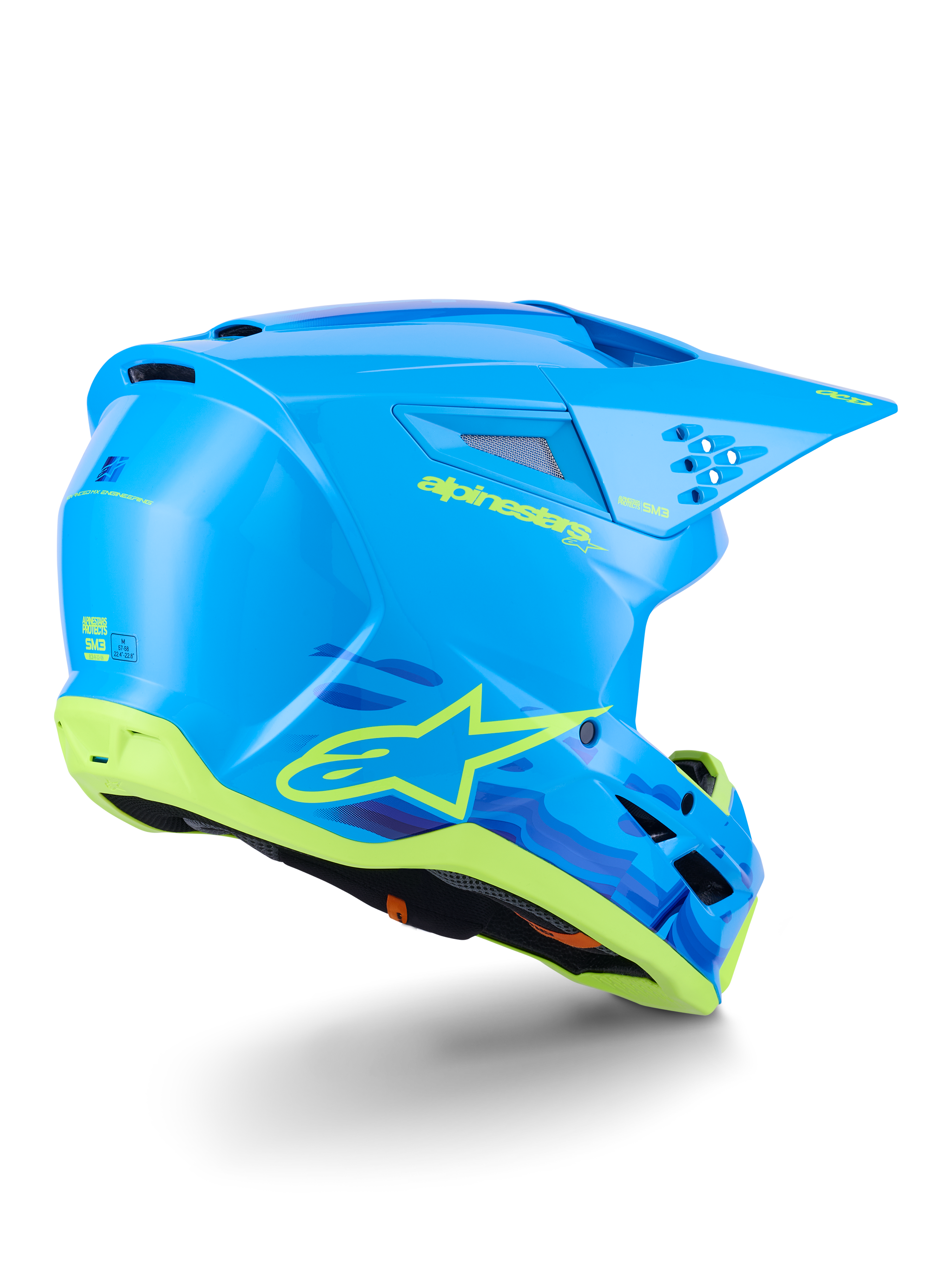 Alpinestars S-M3 Force OCD-hjälm, motocrosshjälm, Cyan Glossy med svarta och vita detaljer, strömlinjeformad aerodynamisk design, integrerade ventilationsöppningar och skyddande visir för terrängprestanda