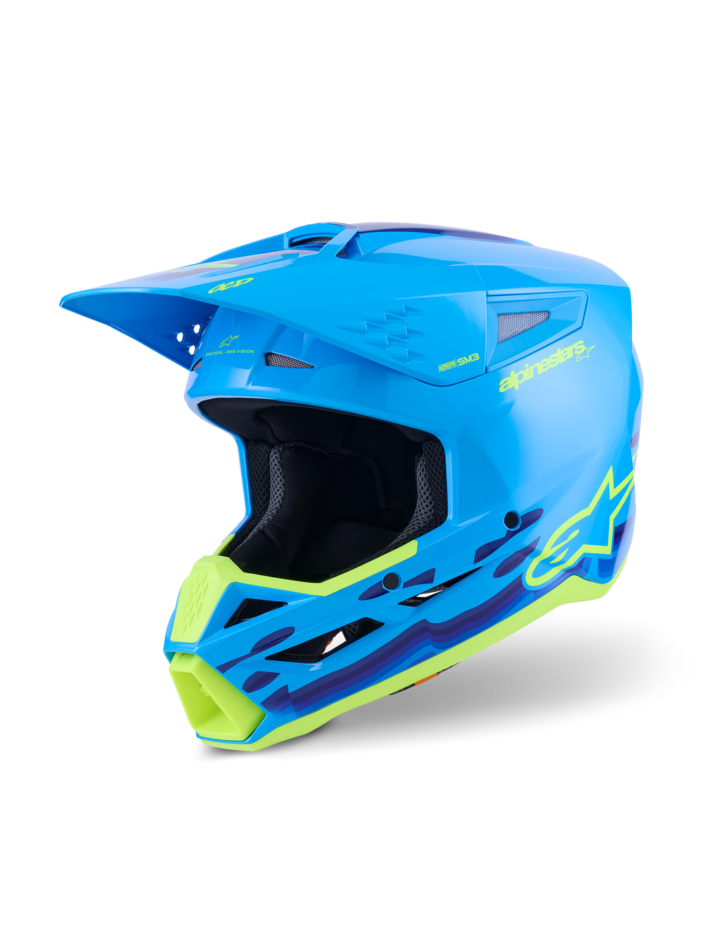 Alpinestars S-M3 Force OCD hjälm, motocrosshjälm, cyanblå högglans med neongul och lila vågformad grafik, högglansig finish med framträdande Alpinestars-logotyp, designad för stötskydd och ventilation vid terrängkörning