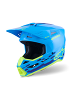 Alpinestars S-M3 Force OCD hjälm, motocrosshjälm, cyanblå högglans med neongul och lila vågformad grafik, högglansig finish med framträdande Alpinestars-logotyp, designad för stötskydd och ventilation vid terrängkörning