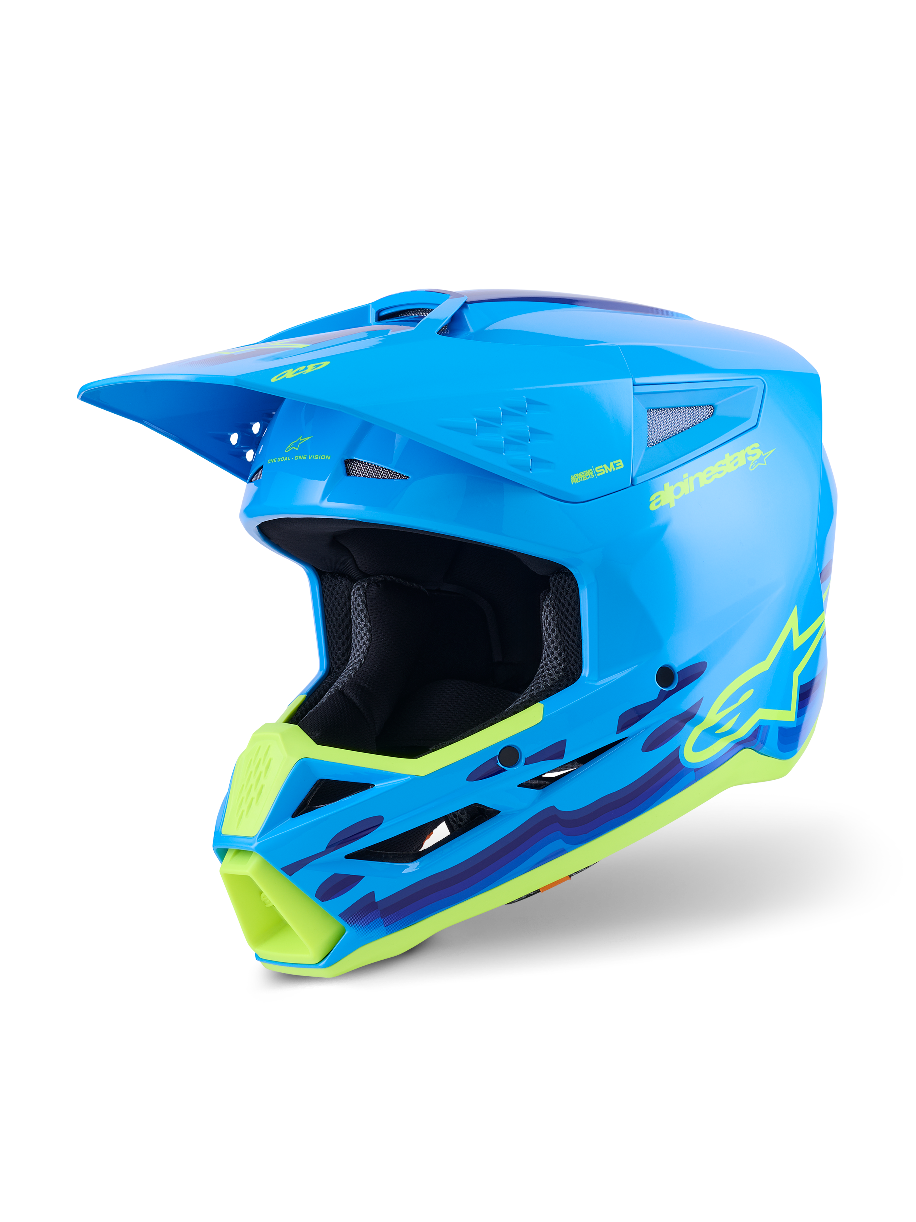Alpinestars S-M3 Force OCD hjälm, motocrosshjälm, cyanblå högglans med neongul och lila vågformad grafik, högglansig finish med framträdande Alpinestars-logotyp, designad för stötskydd och ventilation vid terrängkörning