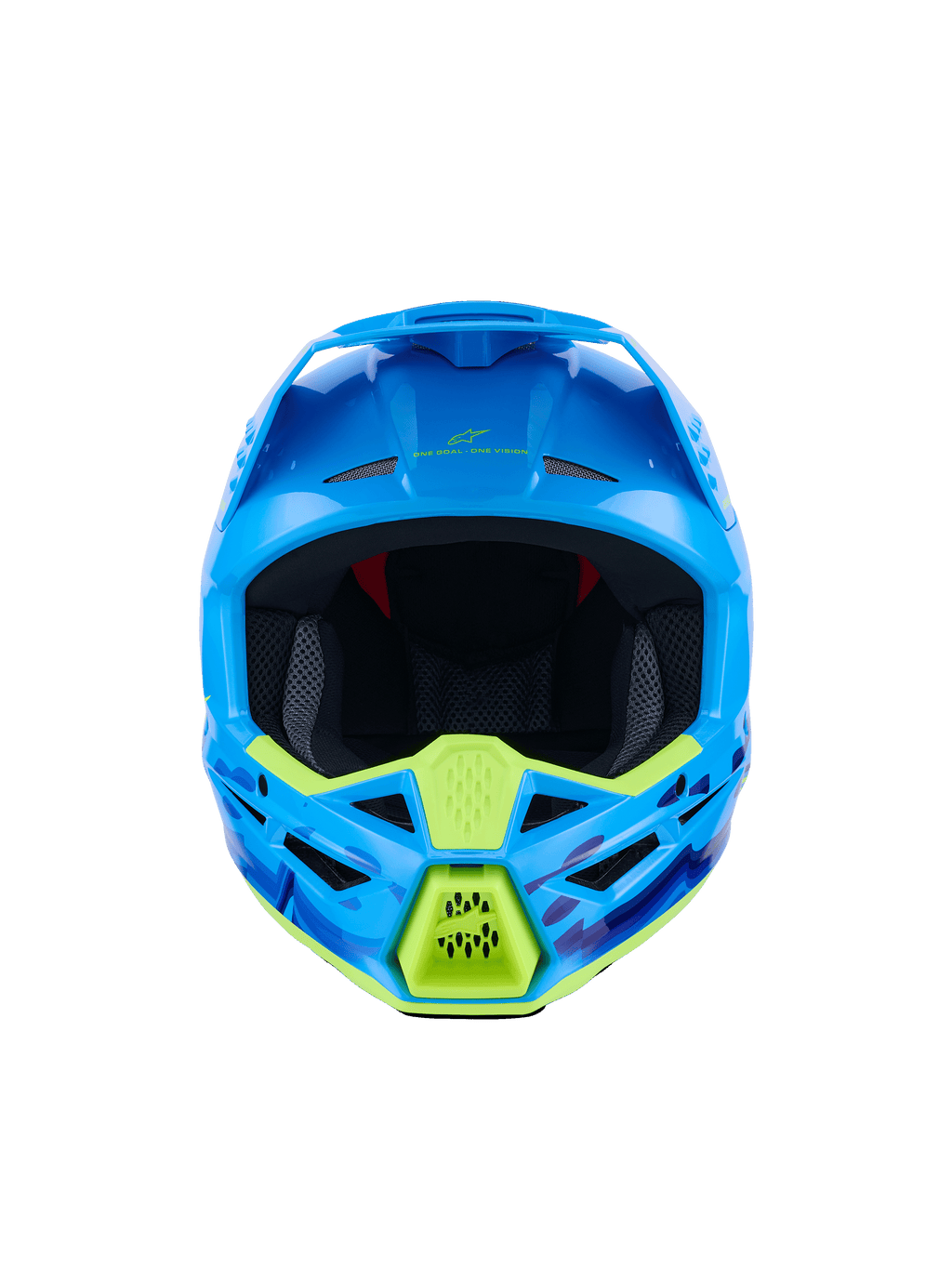 Alpinestars S-M3 Force OCD-hjälm, motocrosshjälm, glansig cyan med neongula detaljer, vy framifrån, med blå och lila kamouflagemönster, aggressiva ventilationsöppningar och strömlinjeformad aerodynamisk skaldesign