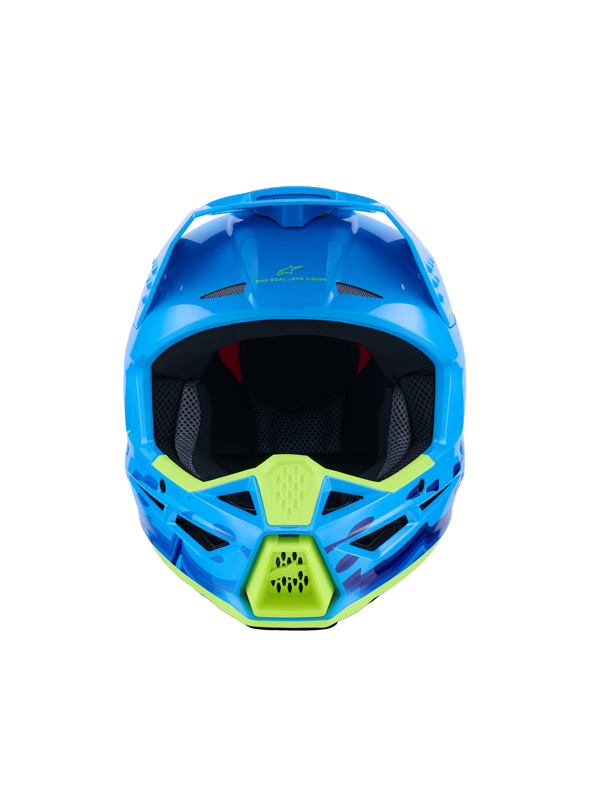 Alpinestars S-M3 Force OCD-hjälm, motocrosshjälm, glansig cyan med neongula detaljer, vy framifrån, med blå och lila kamouflagemönster, aggressiva ventilationsöppningar och strömlinjeformad aerodynamisk skaldesign