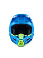 Alpinestars S-M3 Force OCD-hjälm, motocrosshjälm, glansig cyan med neongula detaljer, vy framifrån, med blå och lila kamouflagemönster, aggressiva ventilationsöppningar och strömlinjeformad aerodynamisk skaldesign