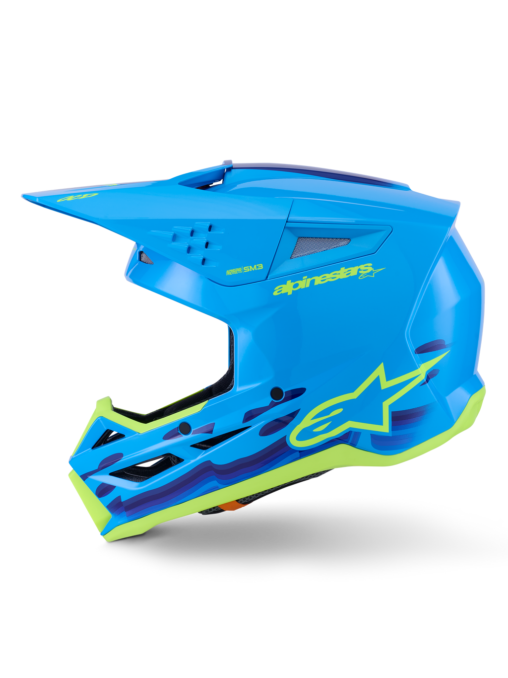 Alpinestars S-M3 Force OCD hjälm, motocrosshjälm, cyan glansig med grafiska accenter, strömlinjeformat skal, skyddande visir och högflödesventilation för terrängkörning