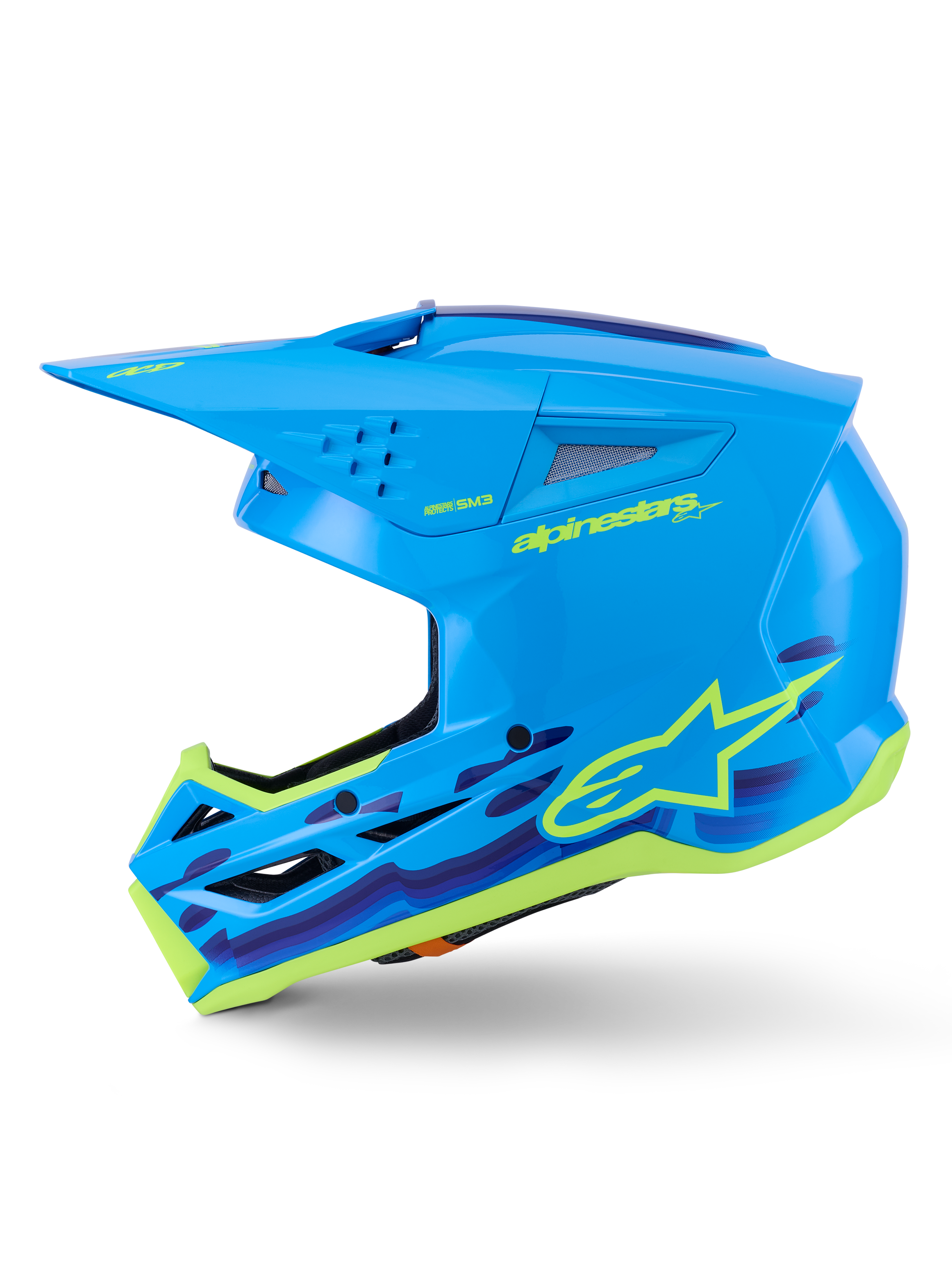 Alpinestars S-M3 Force OCD hjälm, motocrosshjälm, cyan glansig med grafiska accenter, strömlinjeformat skal, skyddande visir och högflödesventilation för terrängkörning