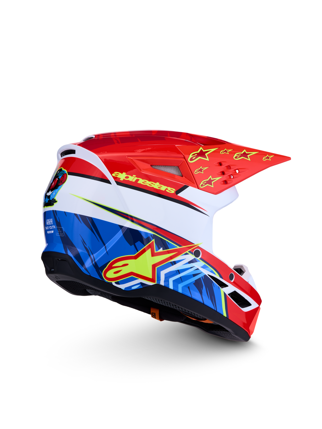Alpinestars SM3 Falcon ungdom hjälm ECE06, röd och blå motocrosshjälm med gula stjärngrafiker, ECE 2206-certifierad, lätt konstruktion för enduro och terrängkörning