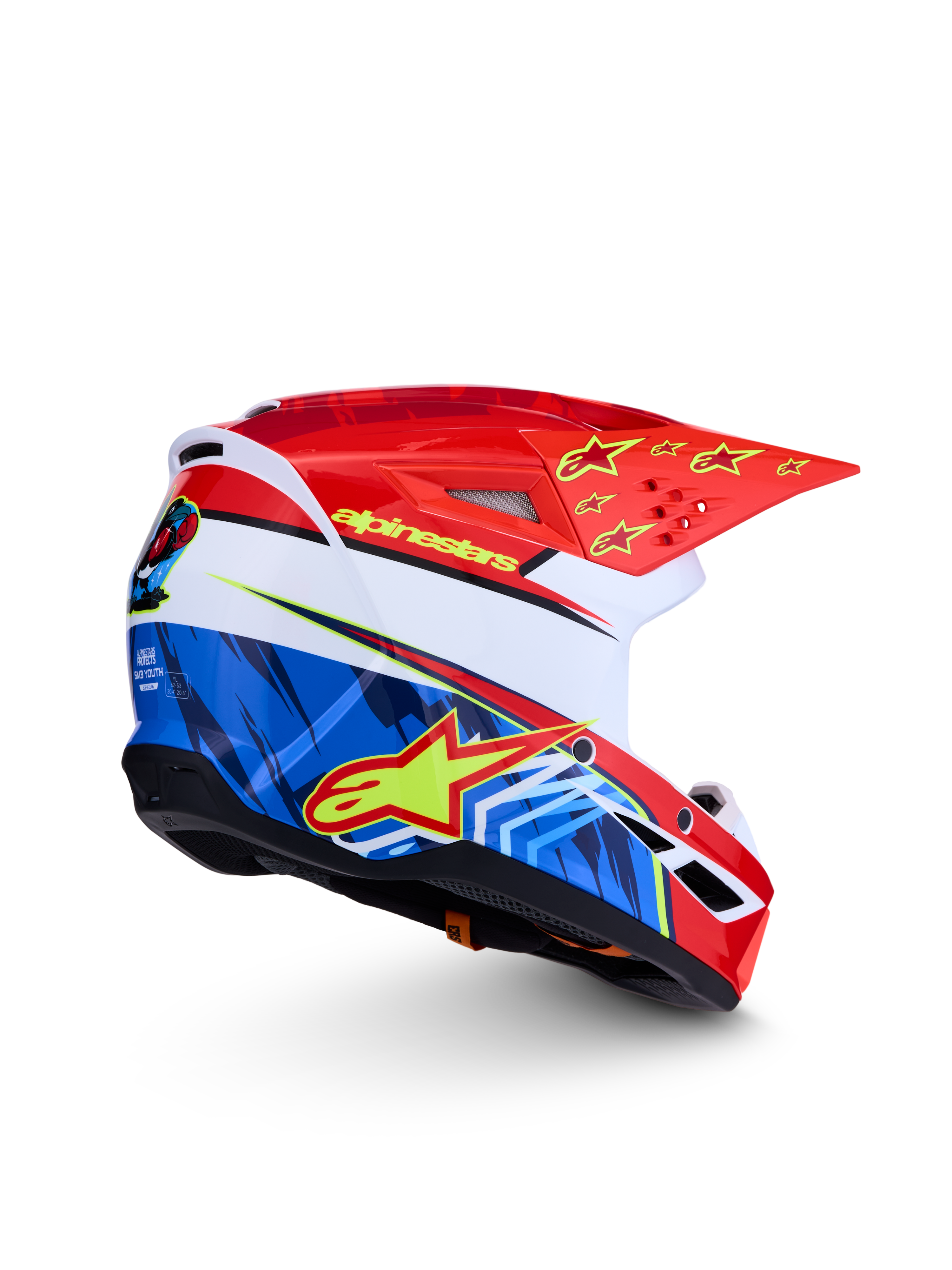 Alpinestars SM3 Falcon ungdom hjälm ECE06, röd och blå motocrosshjälm med gula stjärngrafiker, ECE 2206-certifierad, lätt konstruktion för enduro och terrängkörning